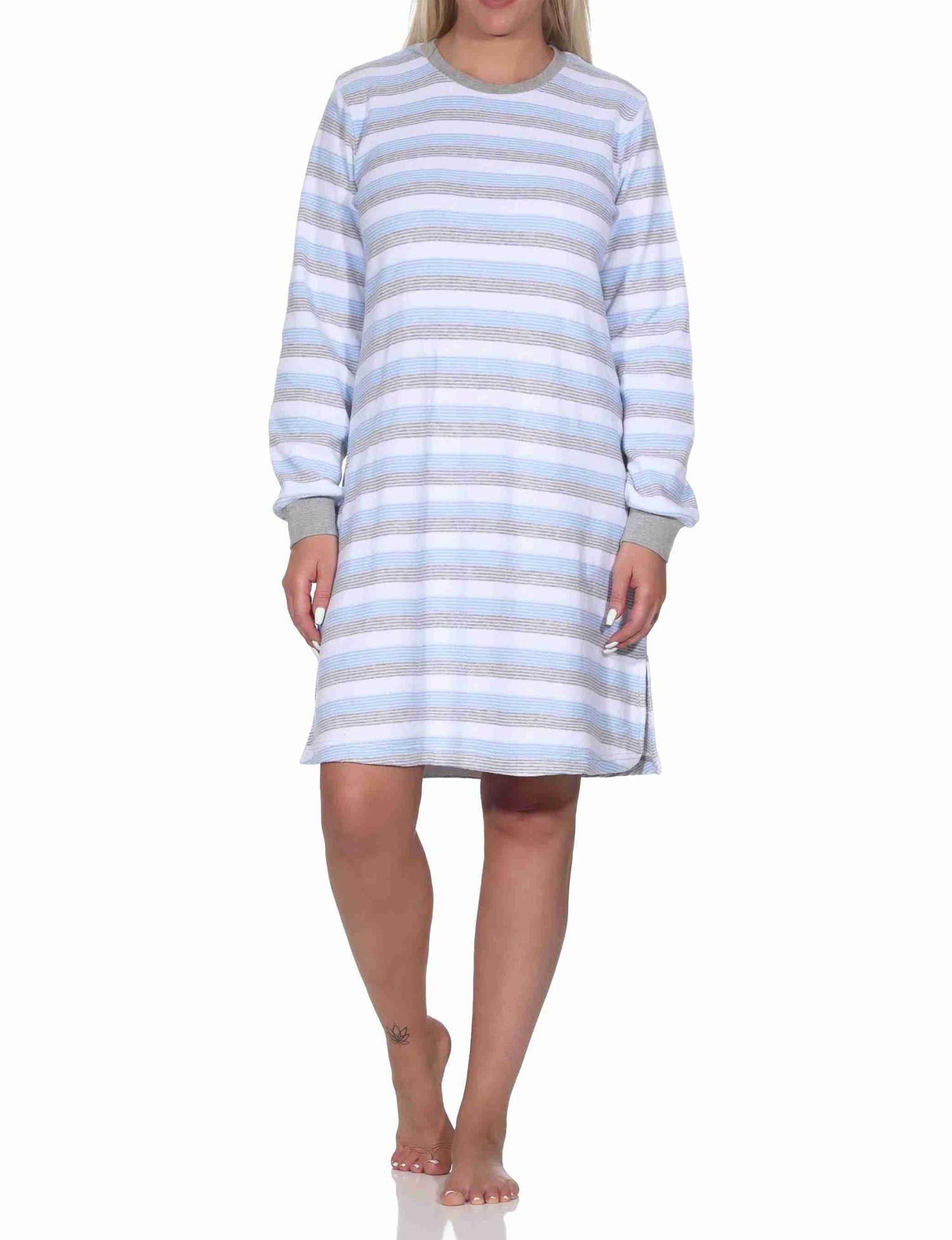 Damen Frottee Nachthemd langarm mit Bündchen - Blockstreifenoptik- auch in Übergrössen