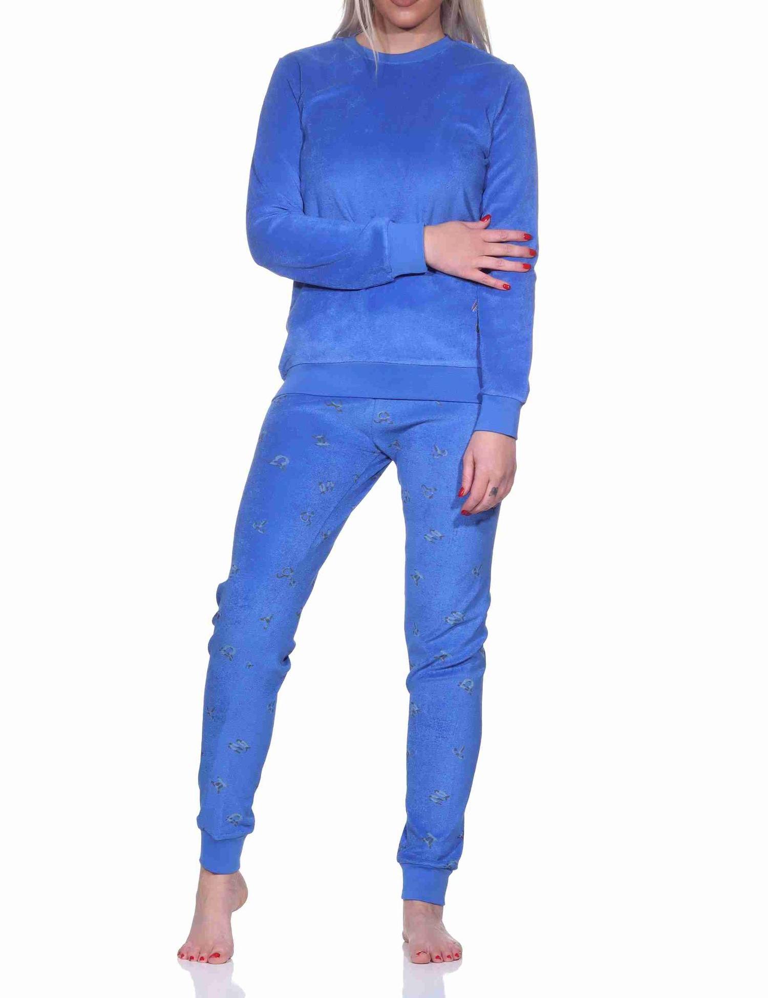 Damen Frottee Schlafanzug langarm Pyjama mit Bündchen - auch in Übergrössen