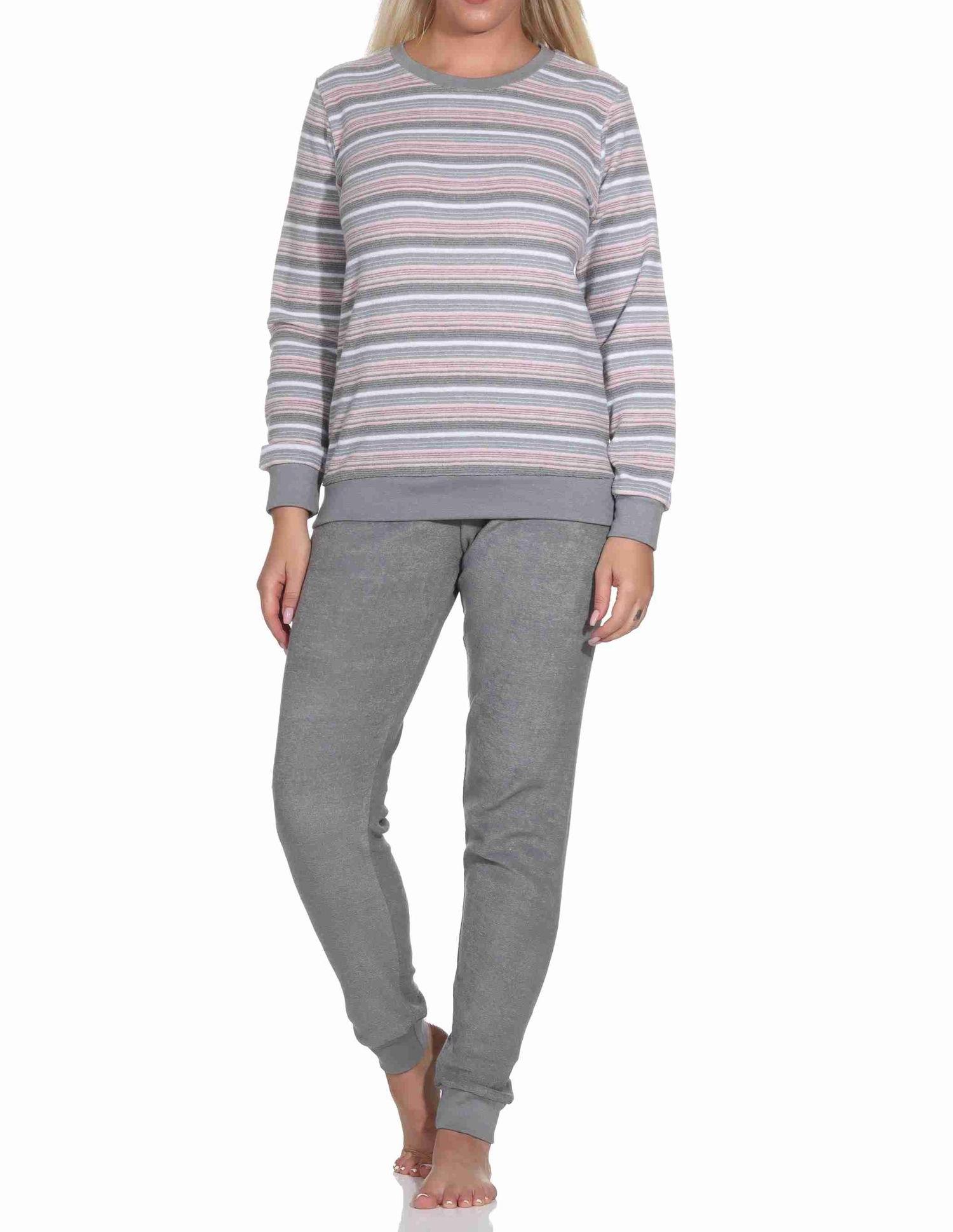 Wunderschöner Damen Frottee Schlafanzug langarm Pyjama mit Bündchen - auch in Übergrössen