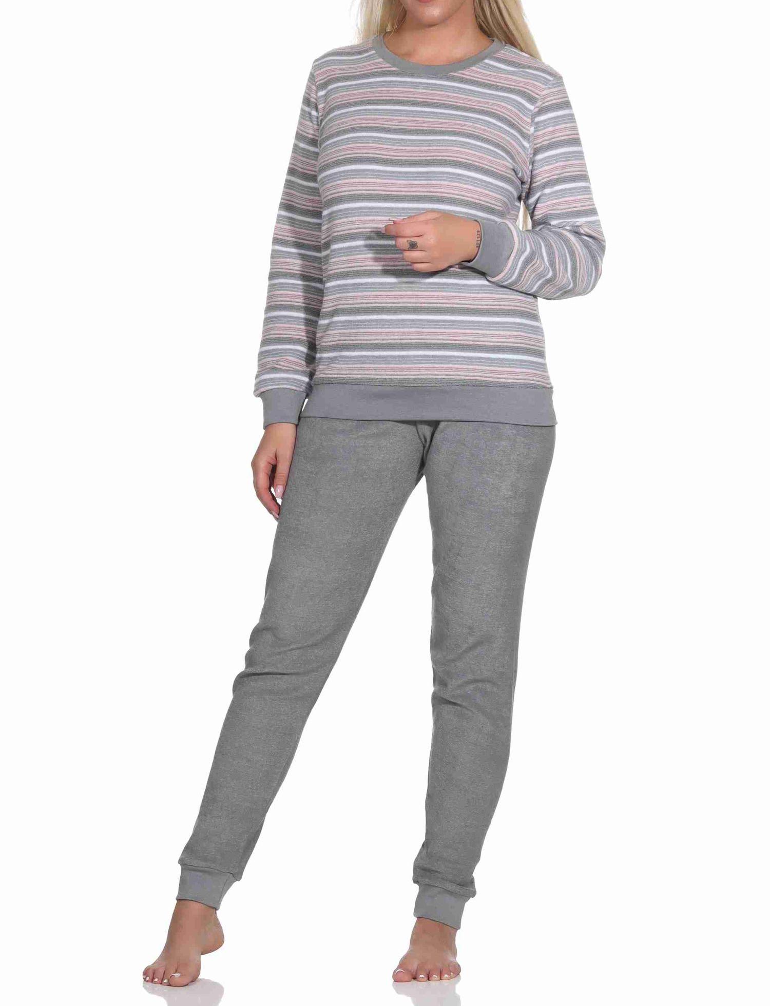 Wunderschöner Damen Frottee Schlafanzug langarm Pyjama mit Bündchen - auch in Übergrössen