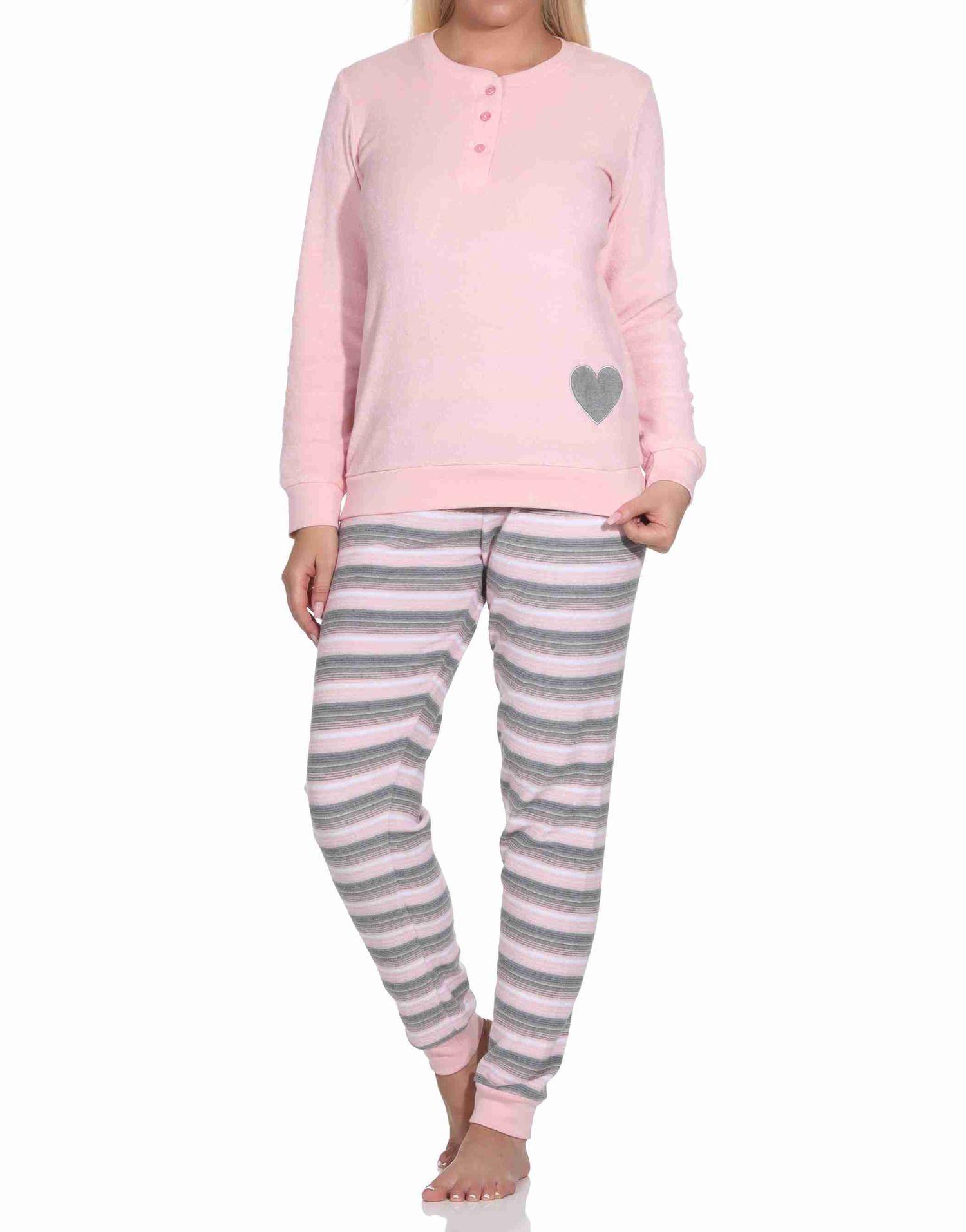 Wunderschöner Damen Frottee Schlafanzug mit Bündchen und Herz-Motiv - auch in Übergrössen