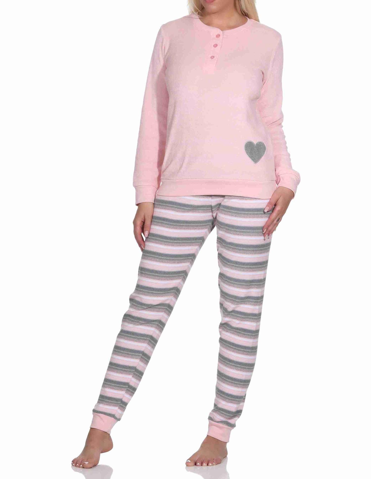 Wunderschöner Damen Frottee Schlafanzug mit Bündchen und Herz-Motiv - auch in Übergrössen