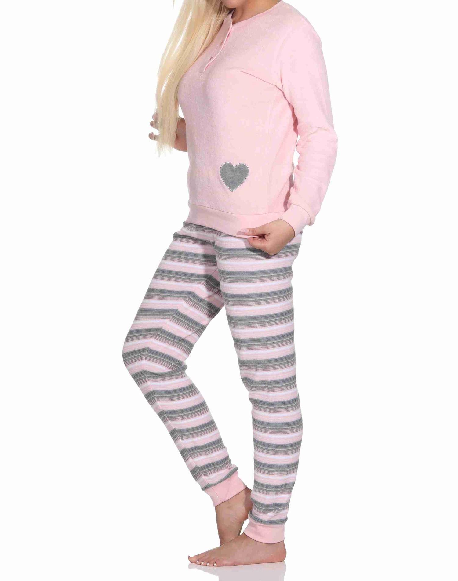 Wunderschöner Damen Frottee Schlafanzug mit Bündchen und Herz-Motiv - auch in Übergrössen