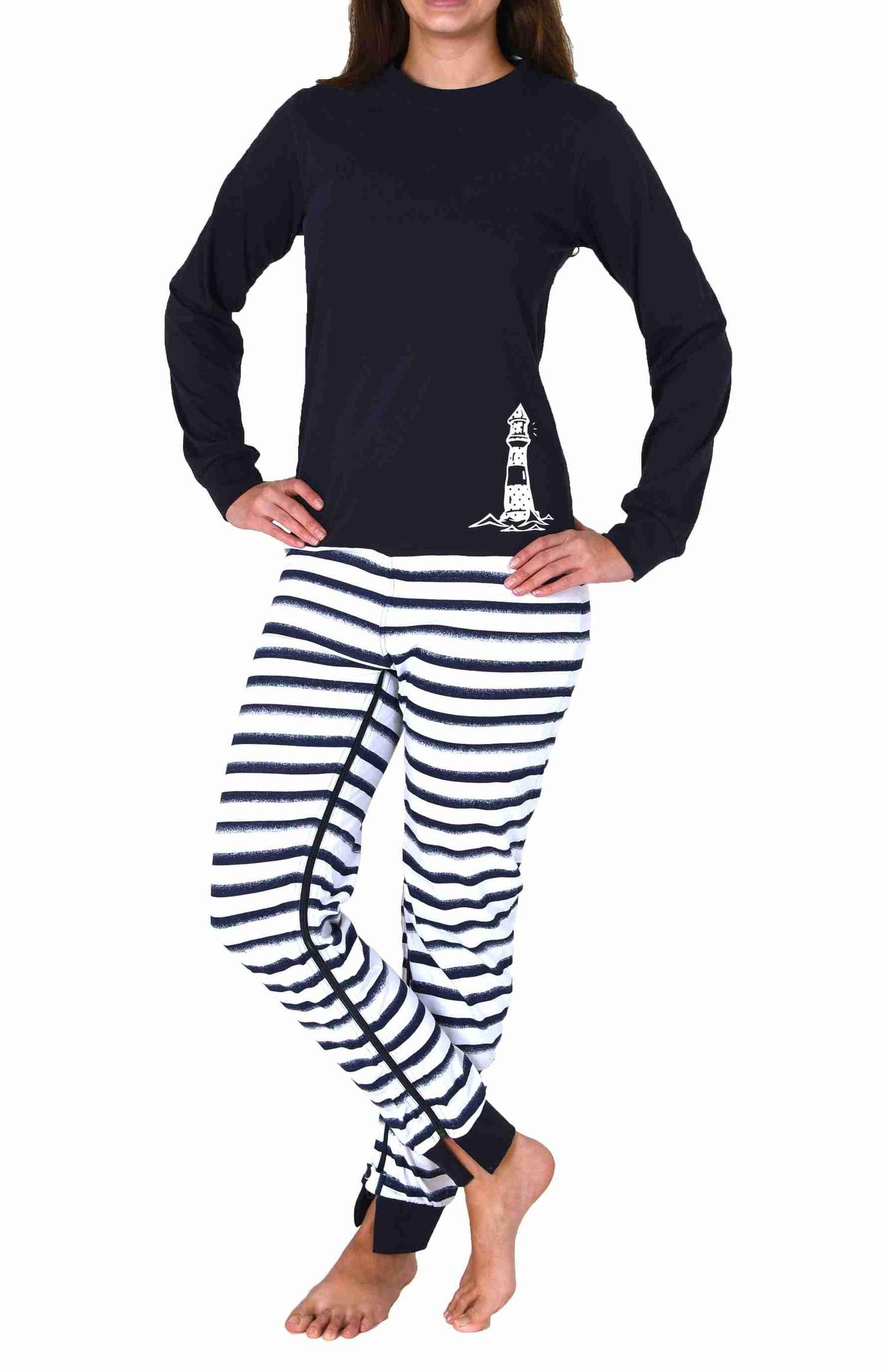 Maritimer Damen Pflegeoverall langarm Schlafanzug mit Reissverschluss am Rücken und Bein