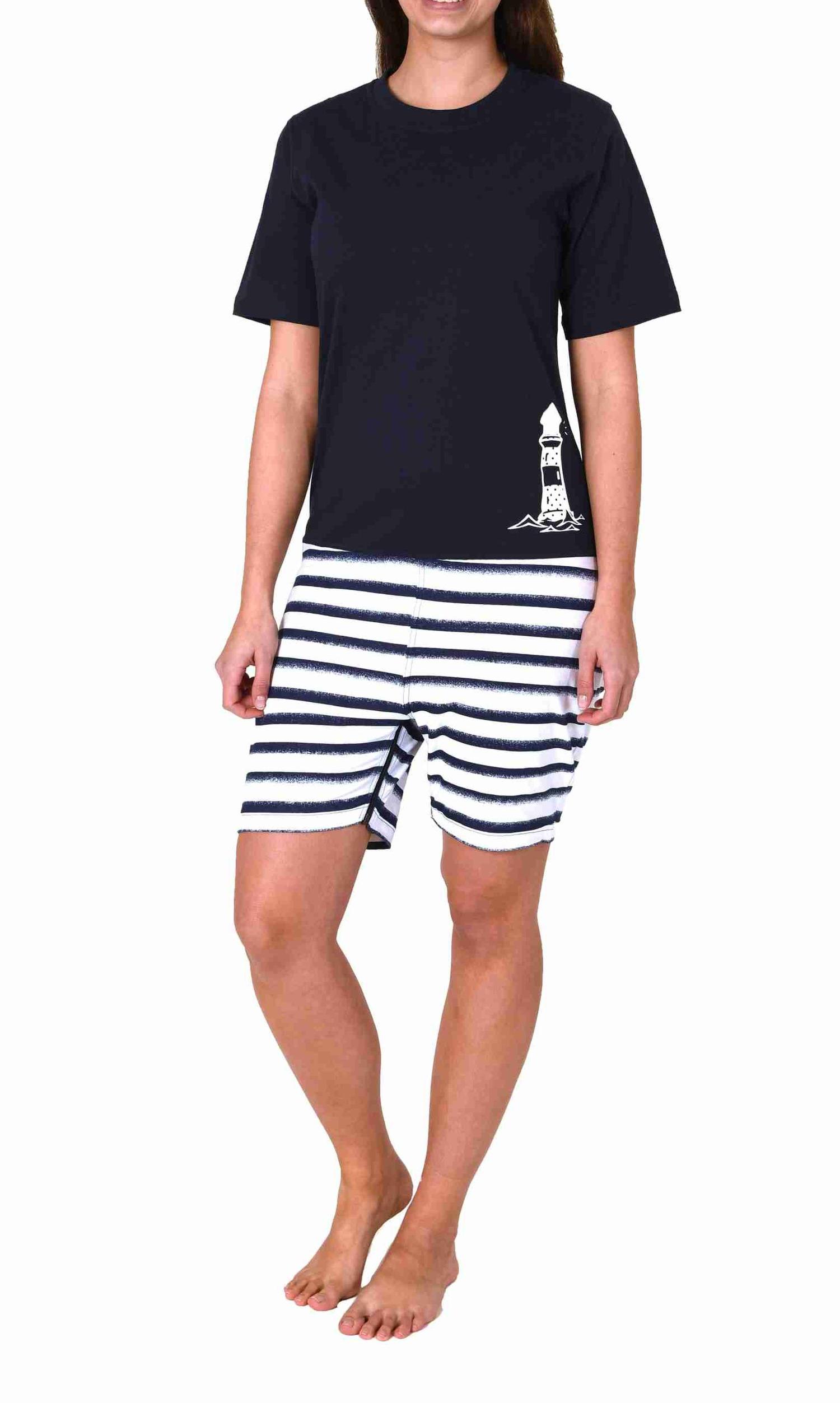 Maritimer Damen Pflegeoverall kurzarm Schlafanzug mit Reissverschluss am Rücken und Bein