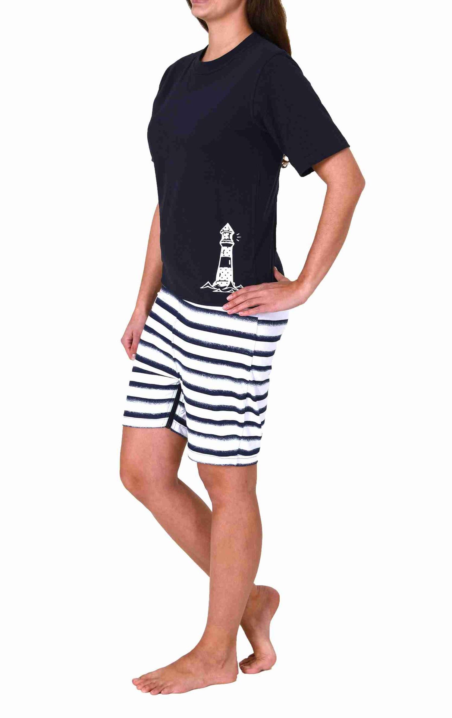 Maritimer Damen Pflegeoverall kurzarm Schlafanzug mit Reissverschluss am Rücken und Bein