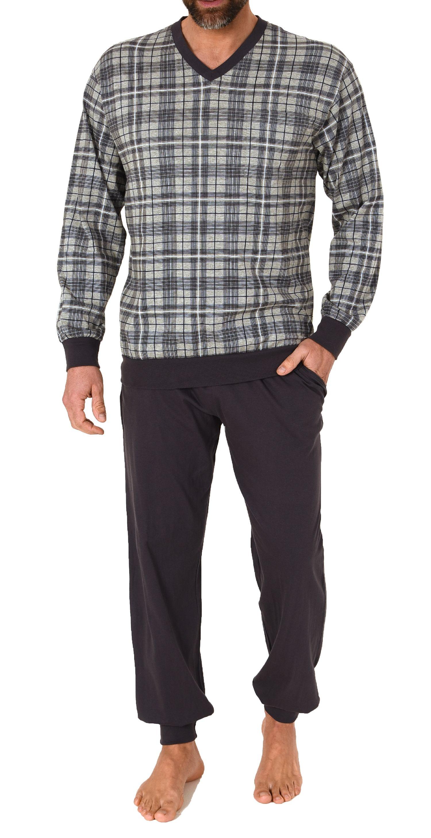Normann Herren Langarm Schlafanzug mit Bündchen aus Jersey und karierten Pyjama Oberteil