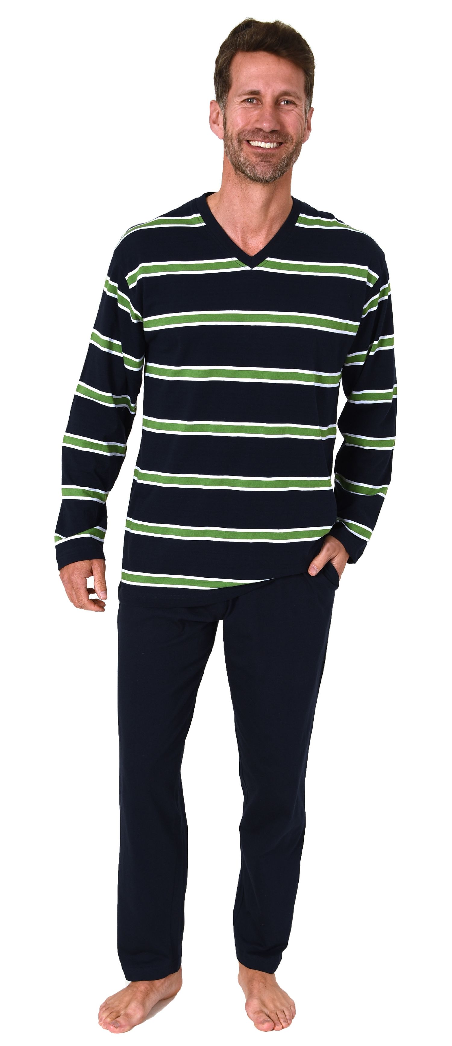 Herren langarm Schlafanzug in edler garngefärbter Streifenoptik – auch in Übergrößen