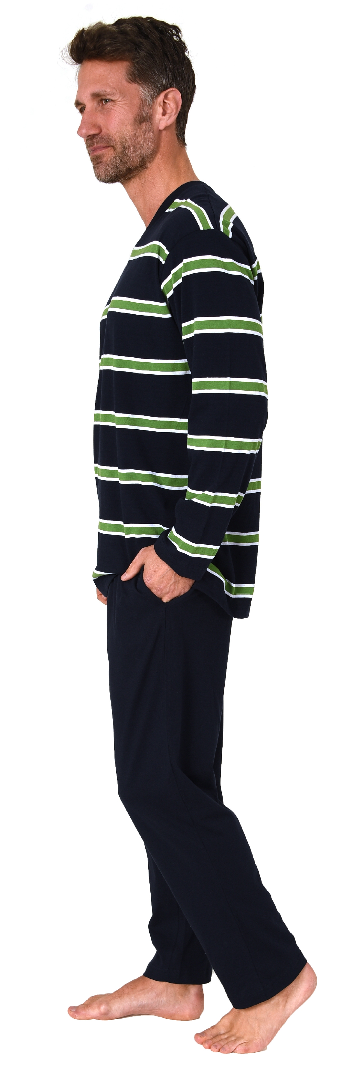 Herren langarm Schlafanzug in edler garngefärbter Streifenoptik – auch in Übergrößen