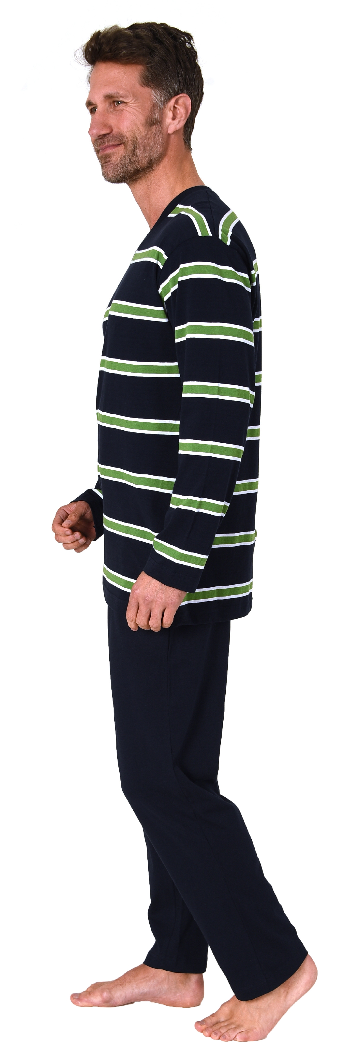 Herren langarm Schlafanzug in edler garngefärbter Streifenoptik – auch in Übergrößen