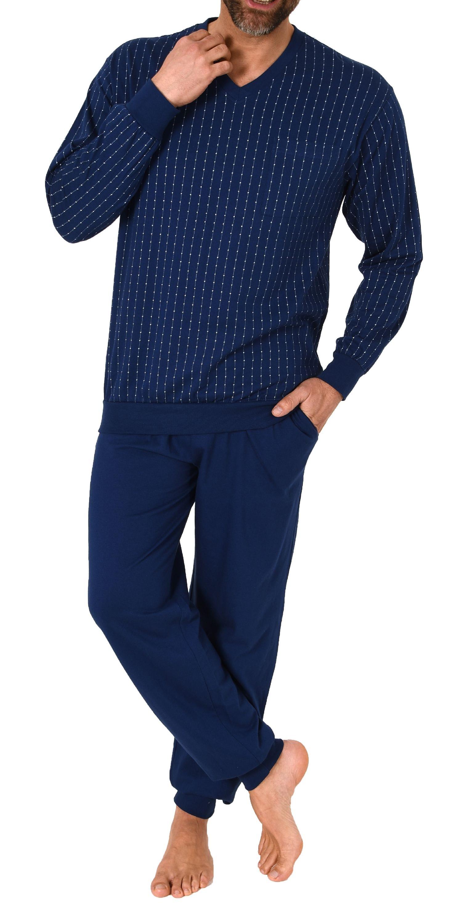 Normann Herren Schlafanzug langarm Pyjama mit Bündchen – Streifenoptik