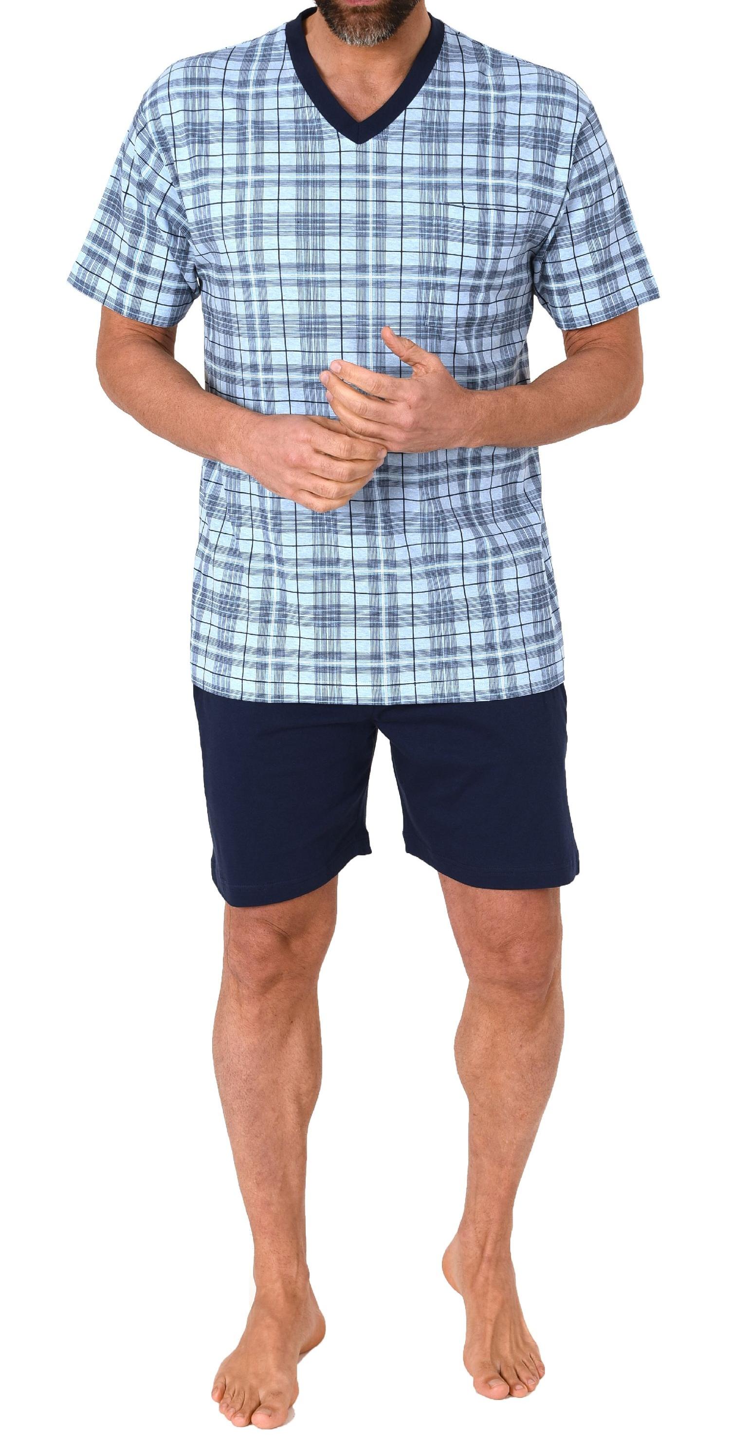 Herren kurzarm Schlafanzug Shorty Pyjama aus Jersey und karierten Pyjama Oberteil