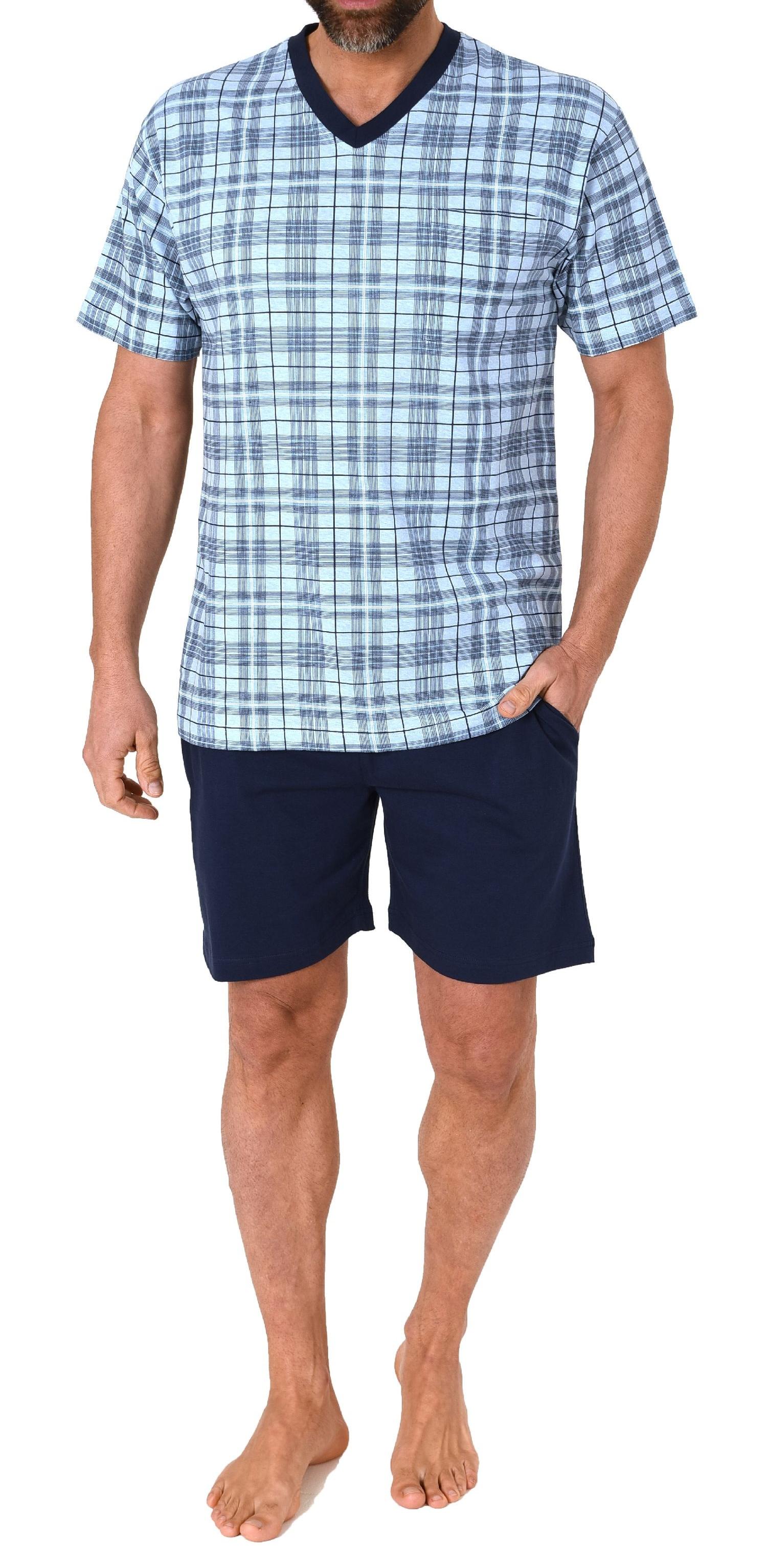 Herren kurzarm Schlafanzug Shorty Pyjama aus Jersey und karierten Pyjama Oberteil