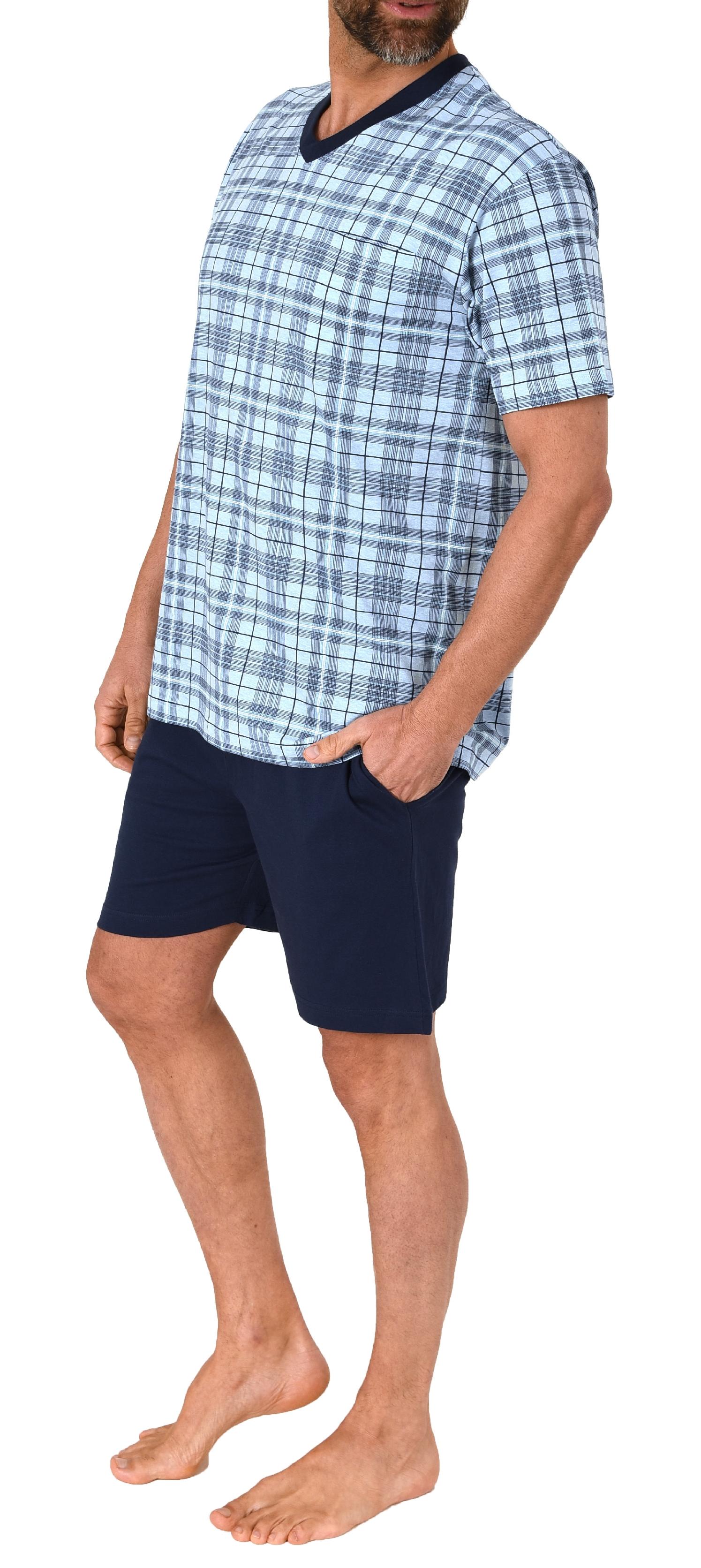 Herren kurzarm Schlafanzug Shorty Pyjama aus Jersey und karierten Pyjama Oberteil