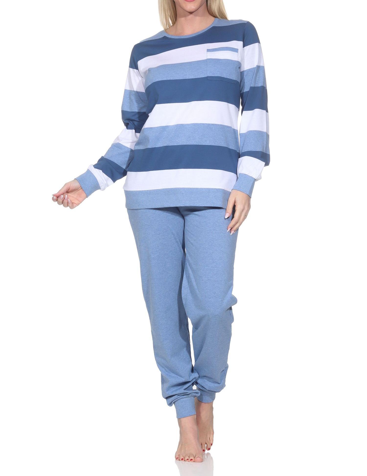 Normann Damen Schlafanzug langarm mit Bündchen in Blockstreifenoptik - auch in Übergrössen