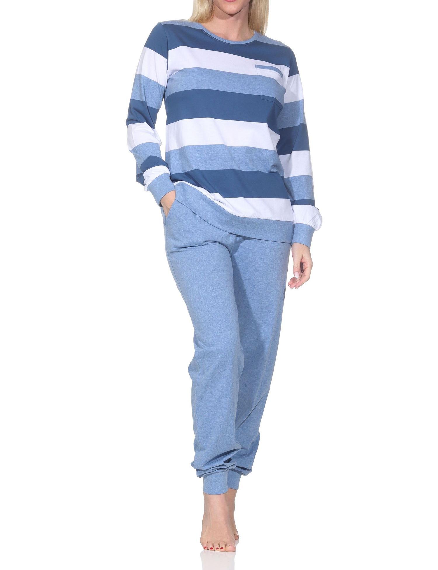 Normann Damen Schlafanzug langarm mit Bündchen in Blockstreifenoptik - auch in Übergrössen