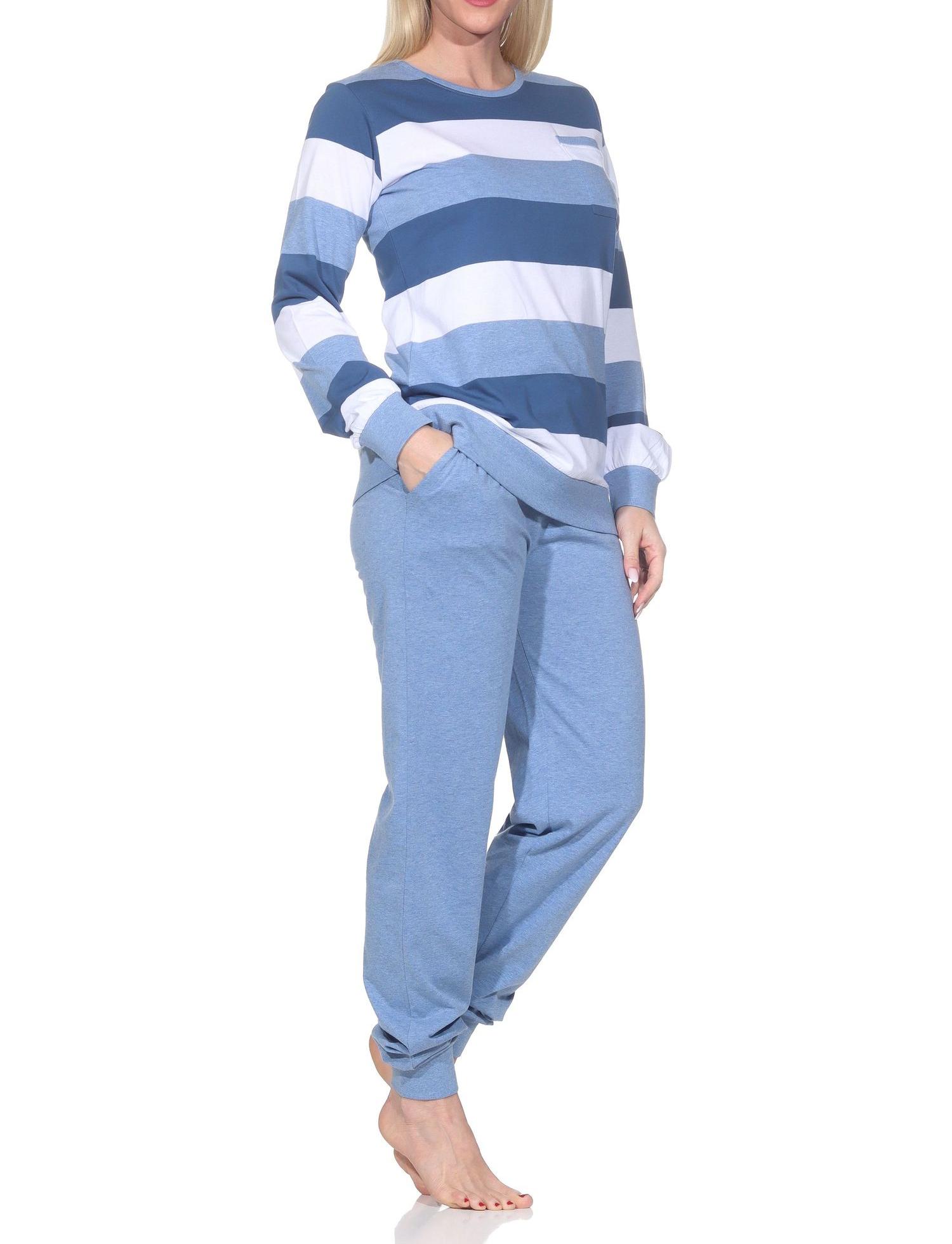 Normann Damen Schlafanzug langarm mit Bündchen in Blockstreifenoptik - auch in Übergrössen