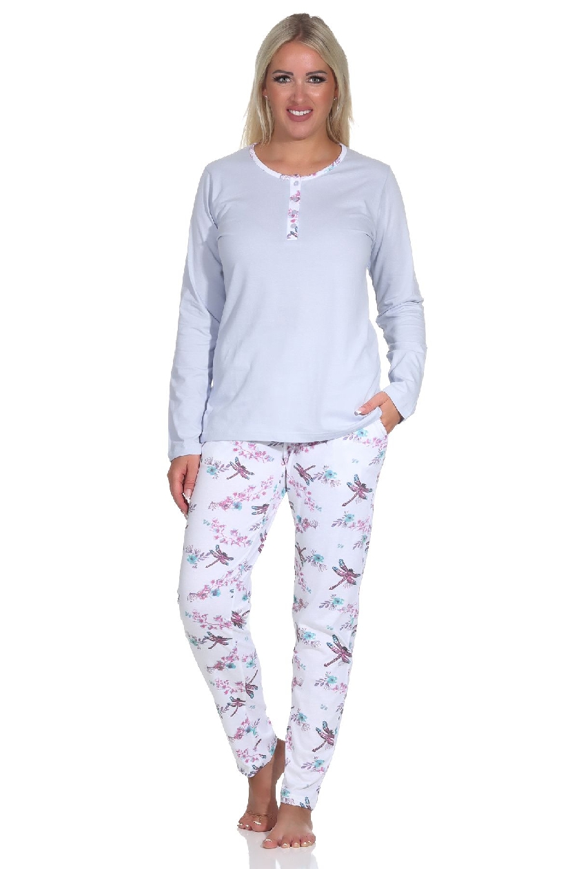 Normann Damen Schlafanzug langarm Pyjama mit Pyjamahose in floralem Alloverprint