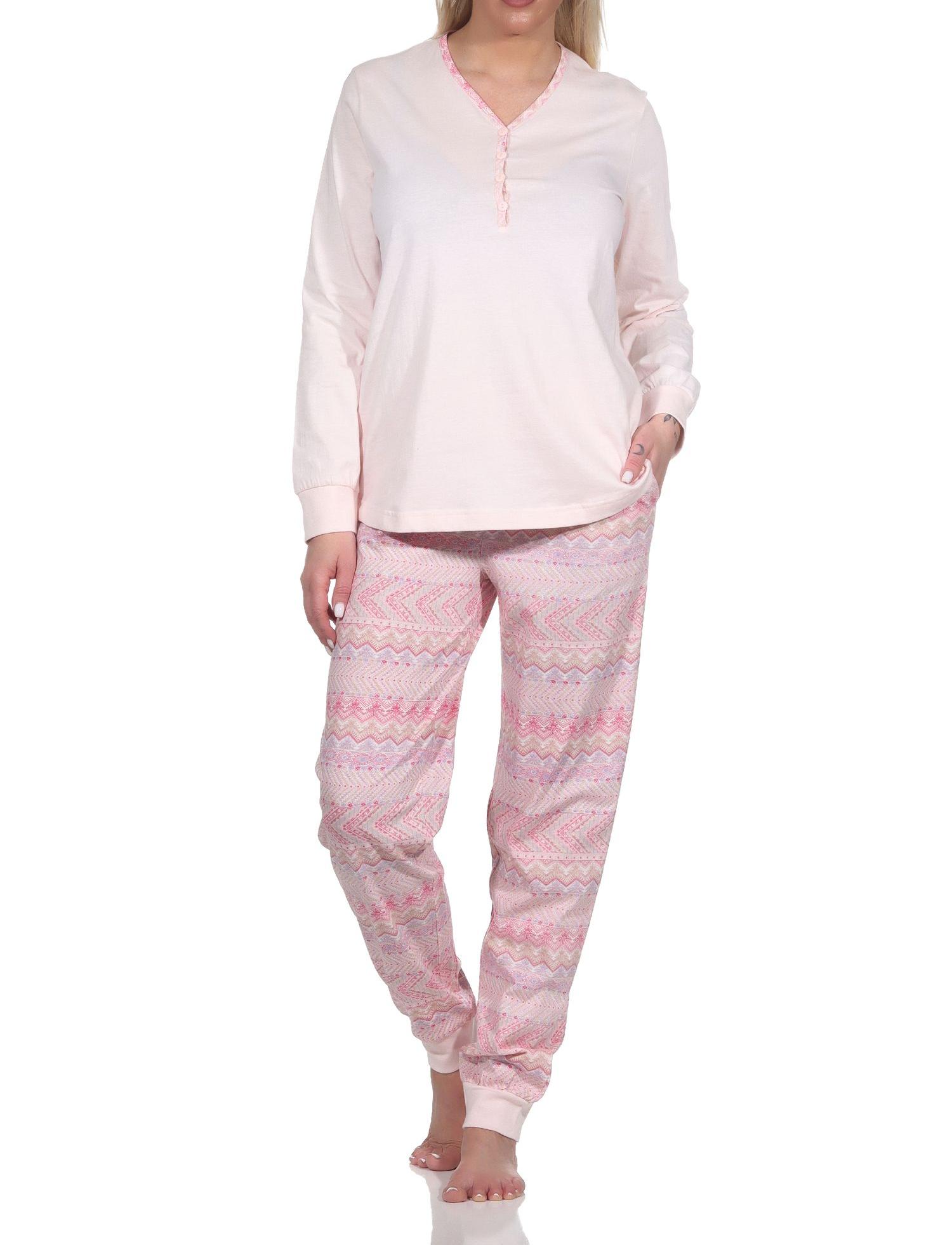 Normann Damen Langarm Schlafanzug Pyjama mit Bündchen im Ethnolook - auch in Übergrössen