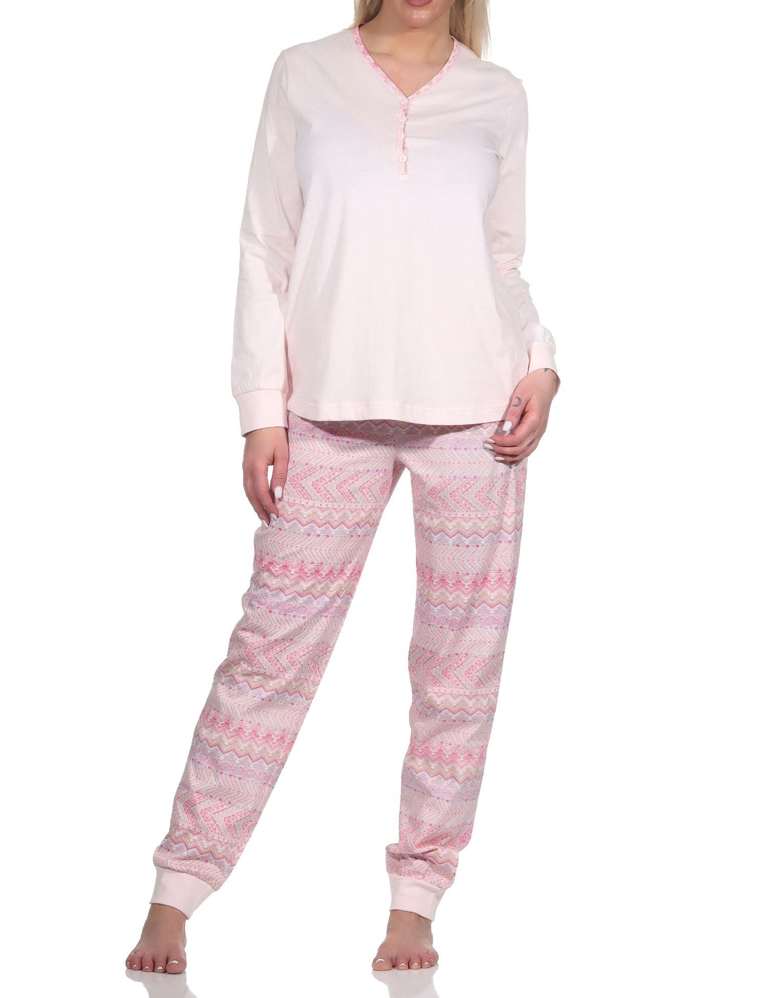 Normann Damen Langarm Schlafanzug Pyjama mit Bündchen im Ethnolook - auch in Übergrössen