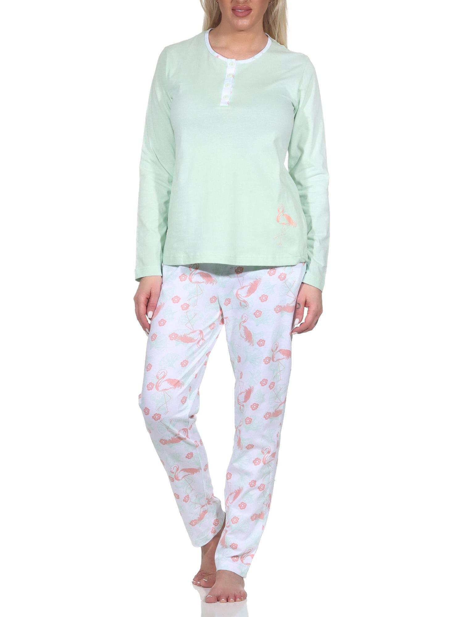 Normann Damen Schlafanzug Langarm Pyjama mit Flamingo Motiv und Knopfleiste am Hals Normann Damen Schlafanzug Langarm Pyjama mit Flamingo Motiv und Knopfleiste am Hals
