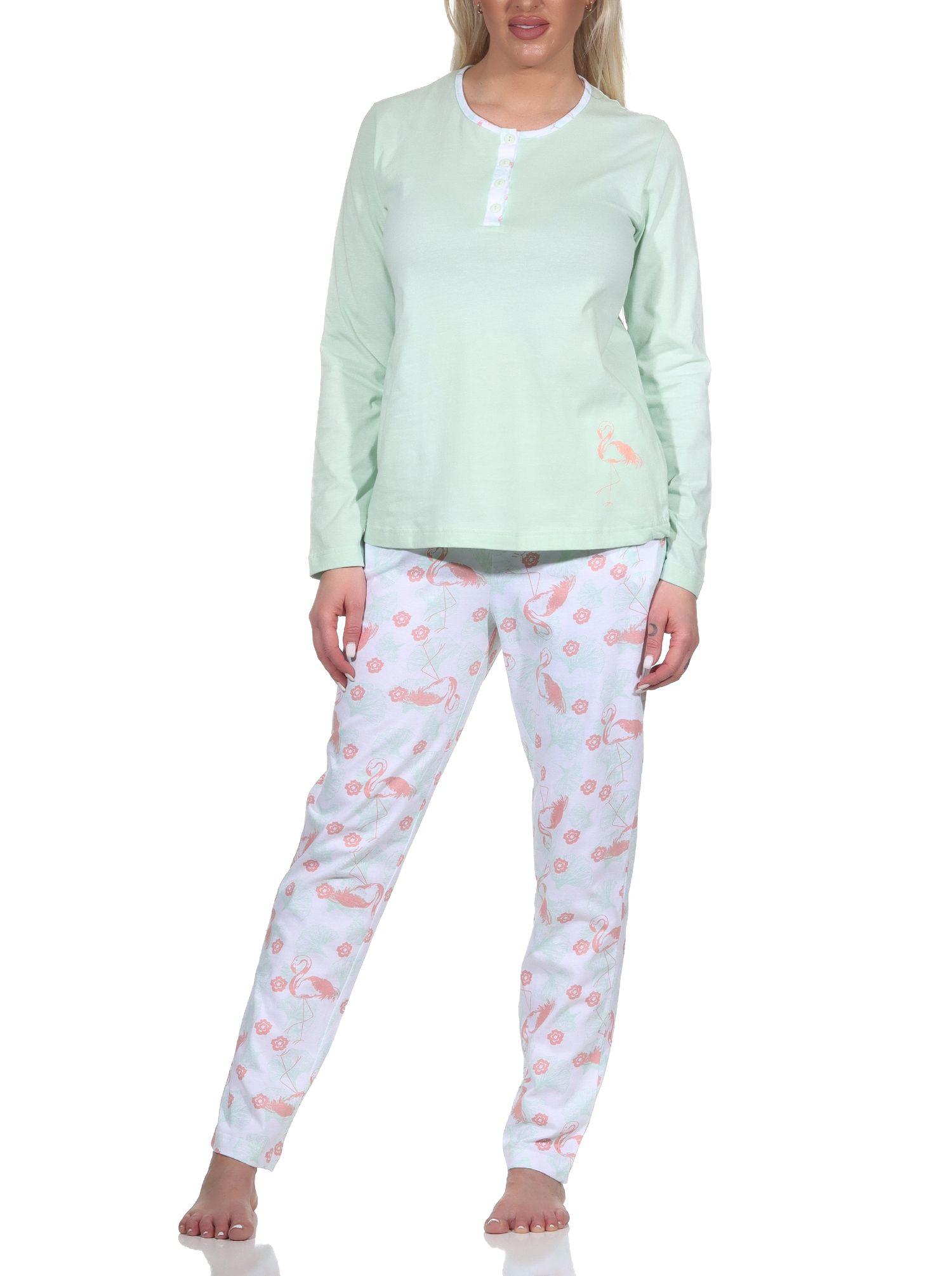 Normann Damen Schlafanzug Langarm Pyjama mit Flamingo Motiv und Knopfleiste am Hals
