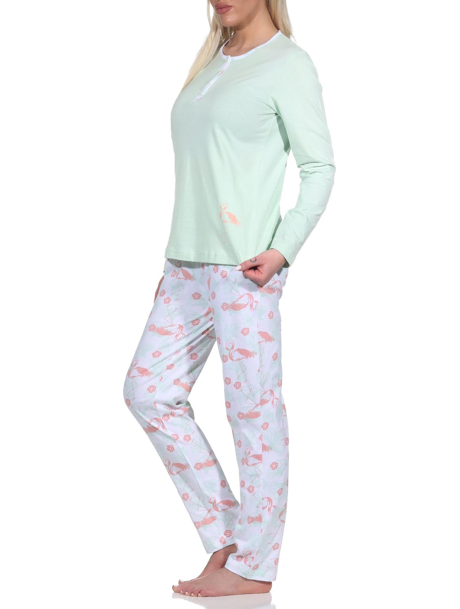 Normann Damen Schlafanzug Langarm Pyjama mit Flamingo Motiv und Knopfleiste am Hals