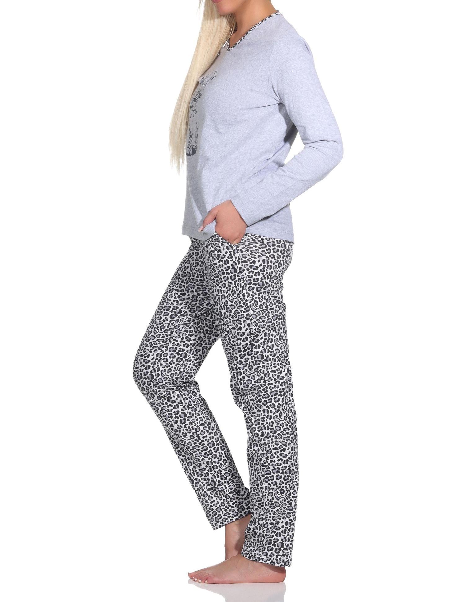 Normann Damen Langarm Pyjama Schlafanzug mit Tiermotiv, Hose im Animal-Print-Look