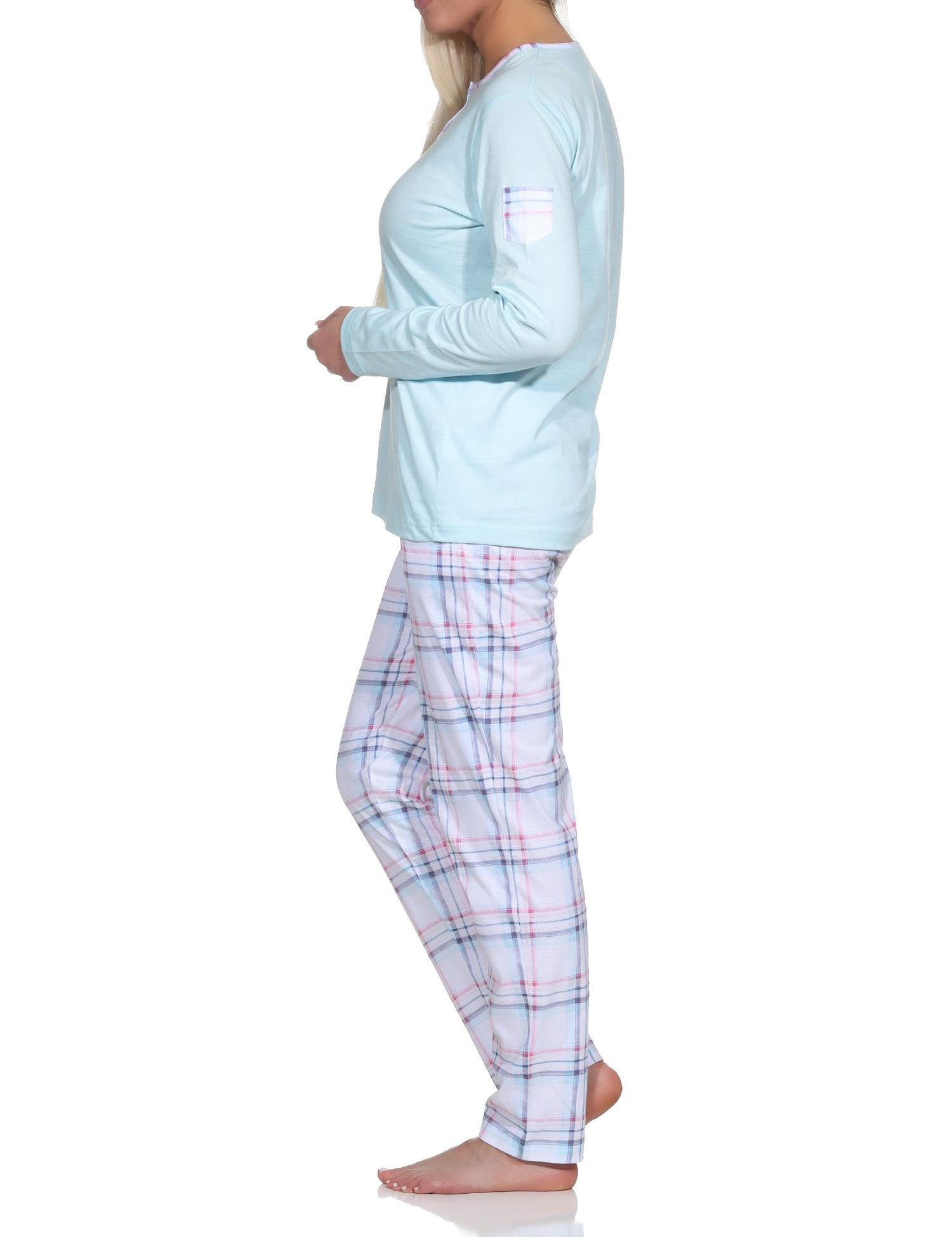 Edler Damen Schlafanzug langarm Pyjama mit karierter Hose aus Jersey - auch in Übergrössen