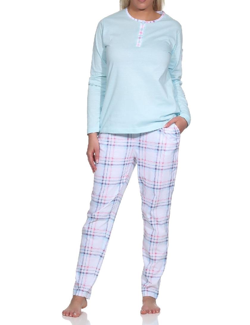 Edler Damen Schlafanzug langarm Pyjama mit karierter Hose aus Jersey - auch in Übergrössen