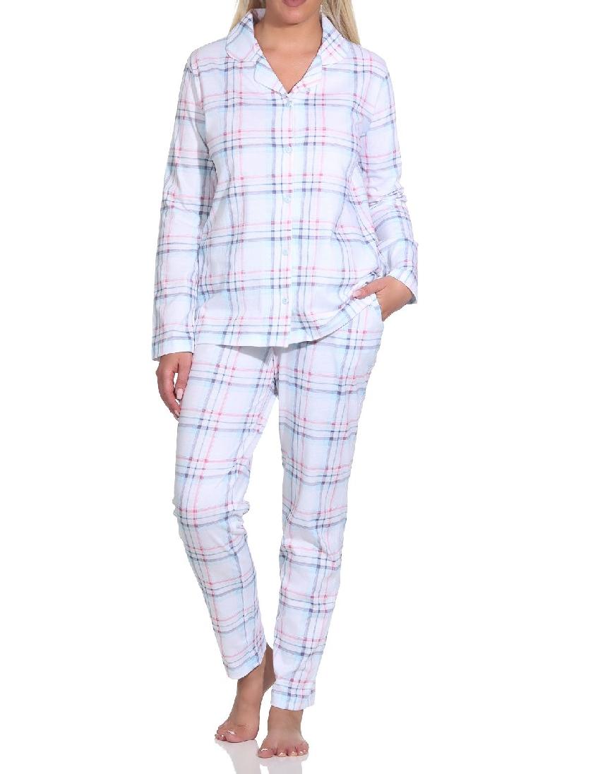 Damen Pyjama langarm Normann aus Single Jersey zum durchknöpfen in Karo Optik - auch in Übergrößen - 123 201 90 446 Normann Damen Pyjama aus Single Jersey zum durchknöpfen in Karo Optik - auch in Übergrössen