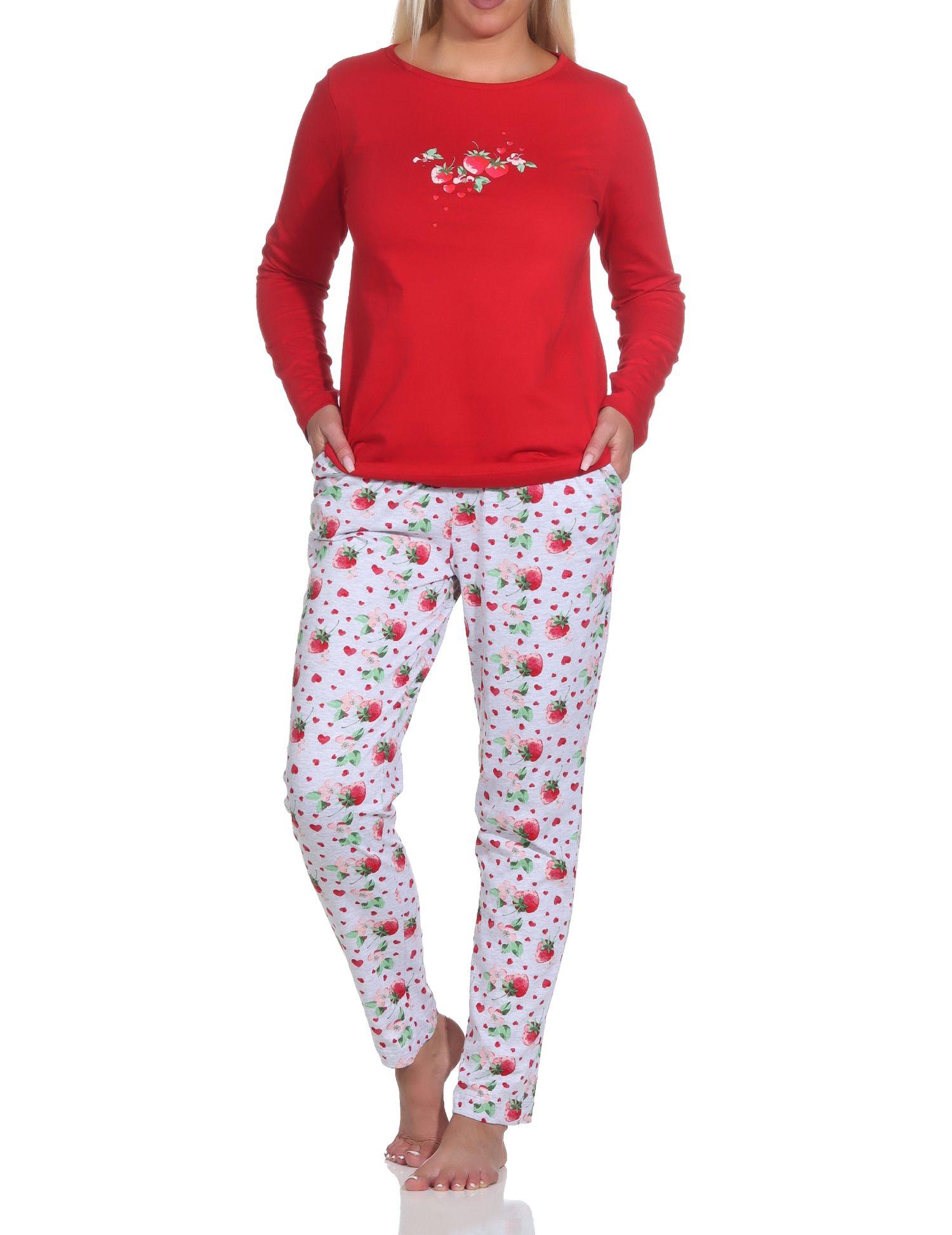 Süsser Normann Damen Schlafanzug langarm Pyjama mit Erdbeeren als Motiv