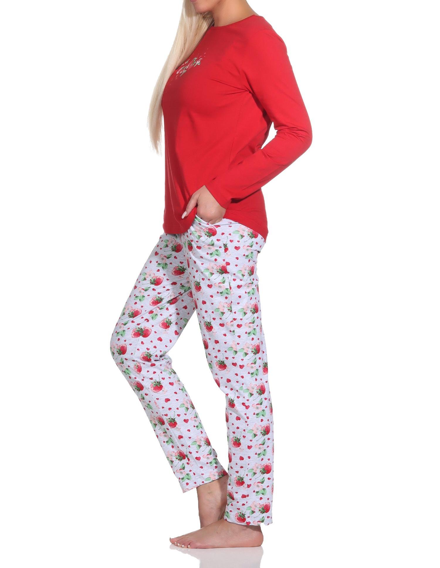 Süsser Normann Damen Schlafanzug langarm Pyjama mit Erdbeeren als Motiv