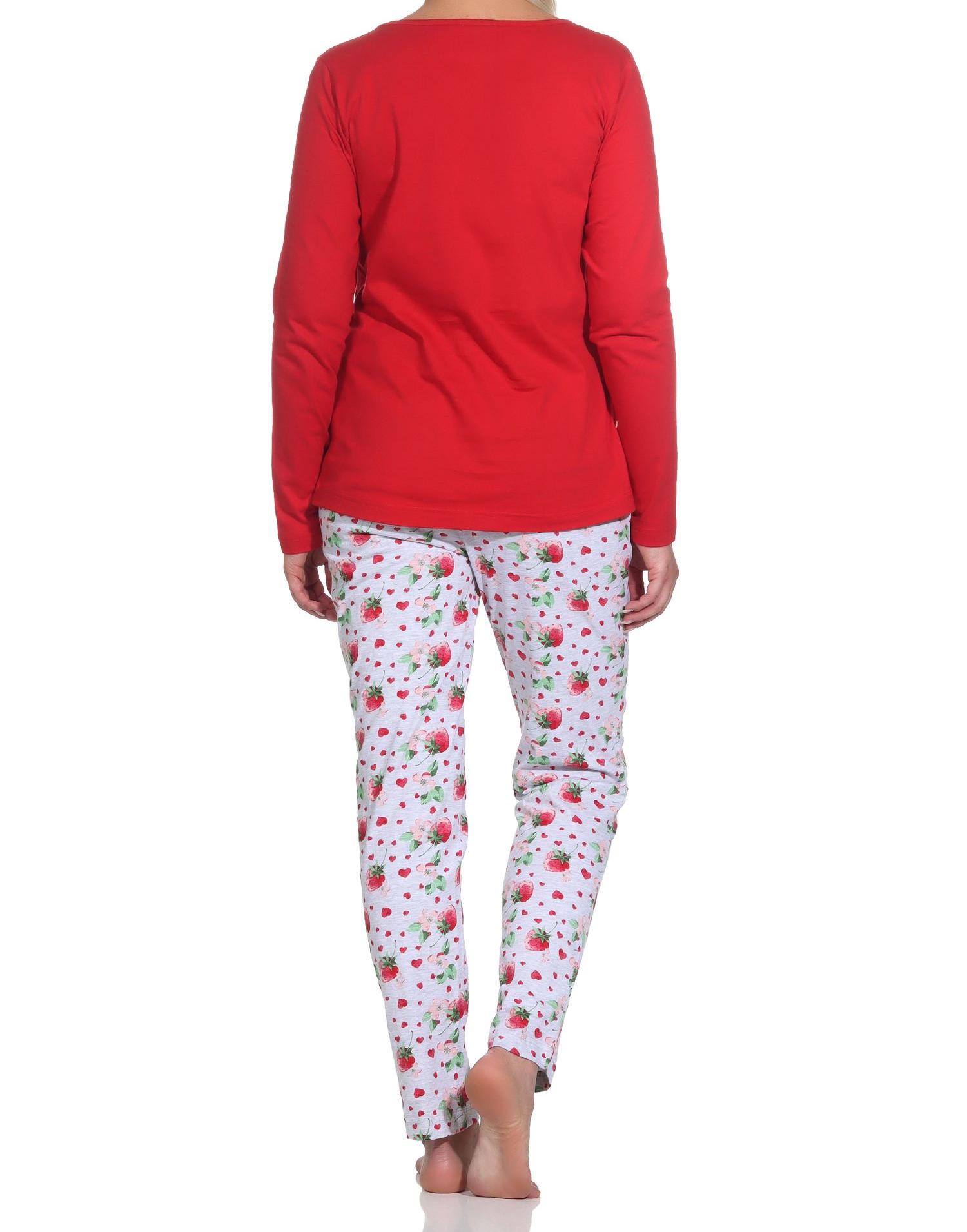 Süsser Normann Damen Schlafanzug langarm Pyjama mit Erdbeeren als Motiv