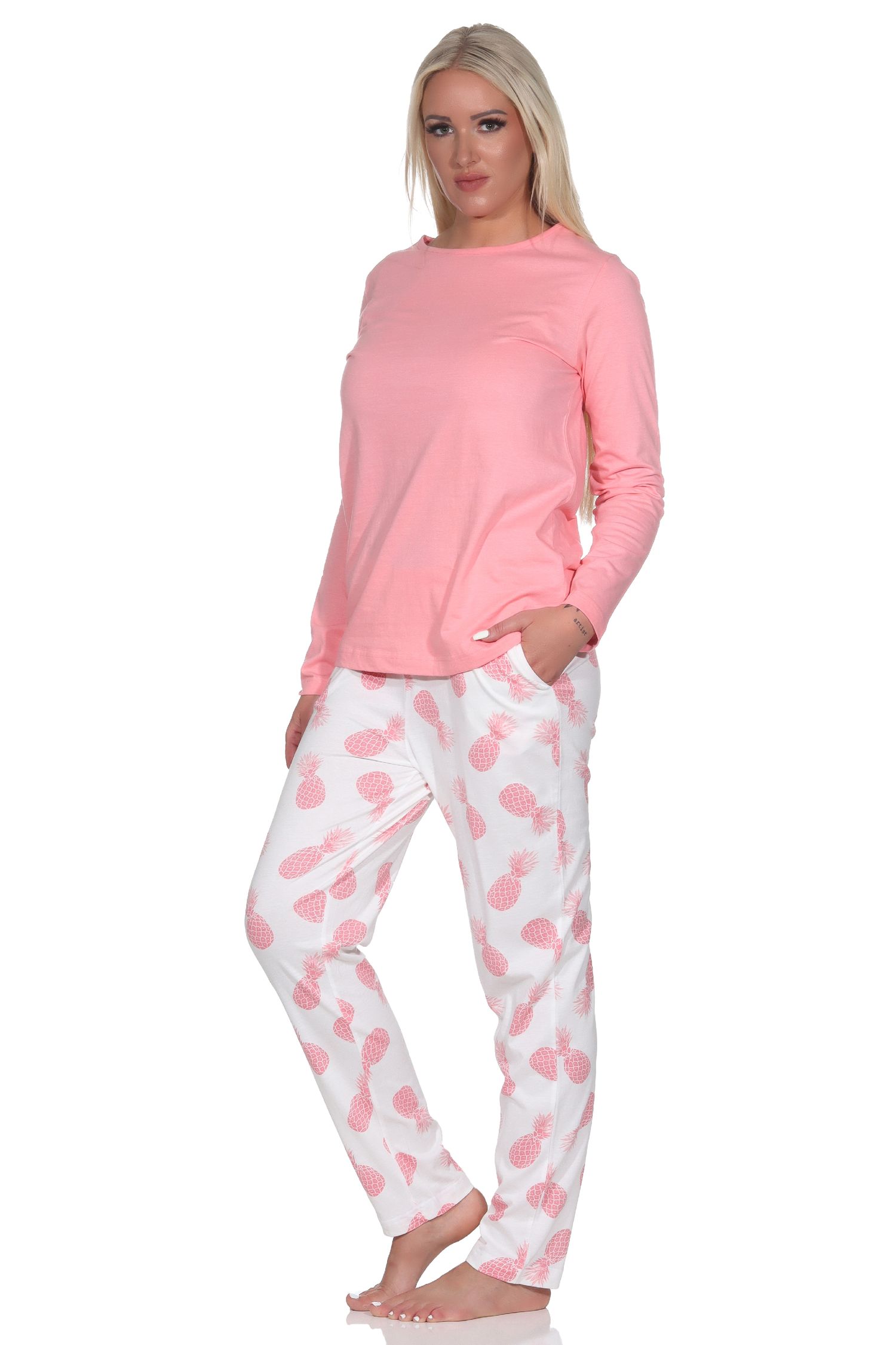 Normann Damen Langarm Pyjama Schlafanzug Homewear mit Ananas als Motiv