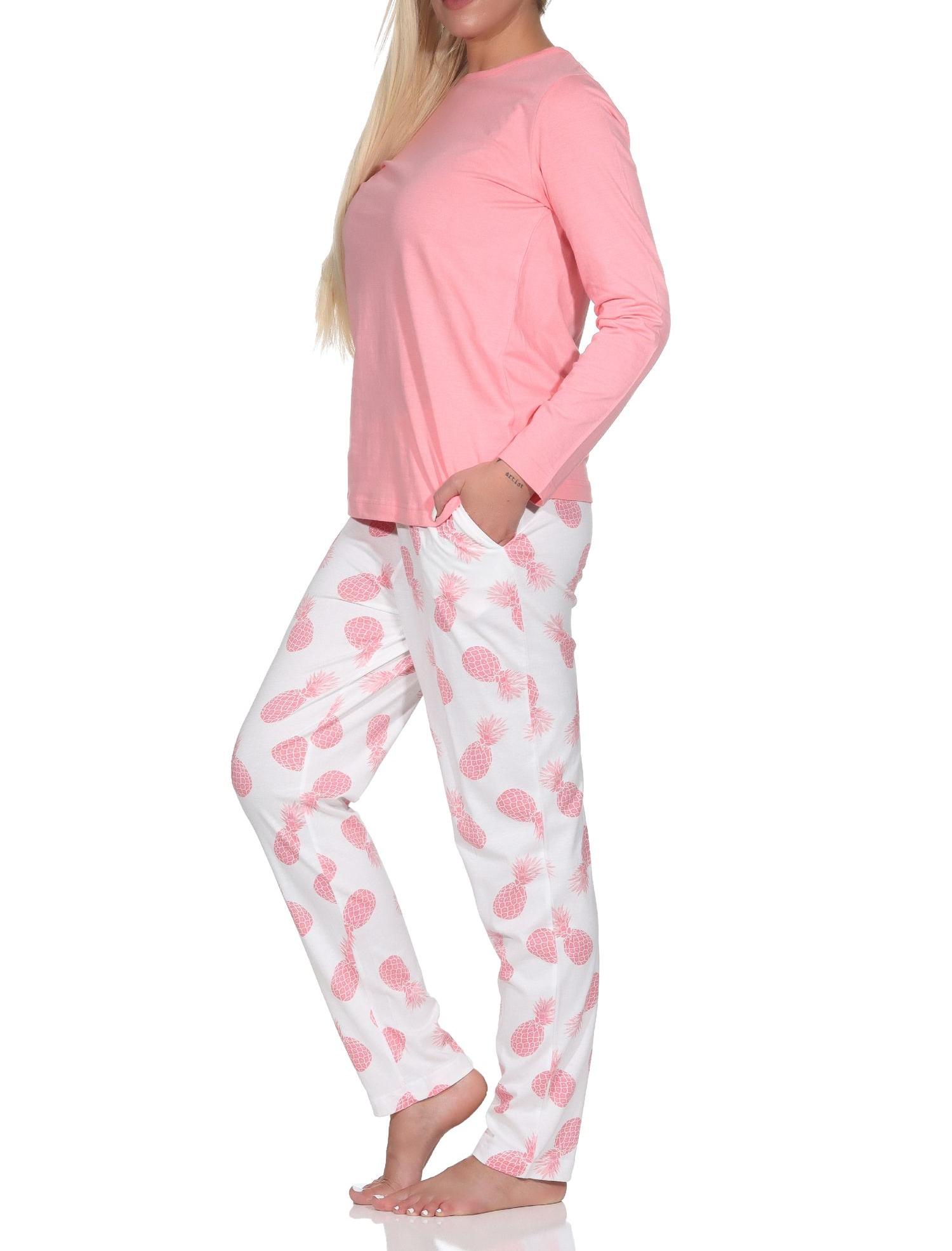 Normann Damen Langarm Pyjama Schlafanzug Homewear mit Ananas als Motiv