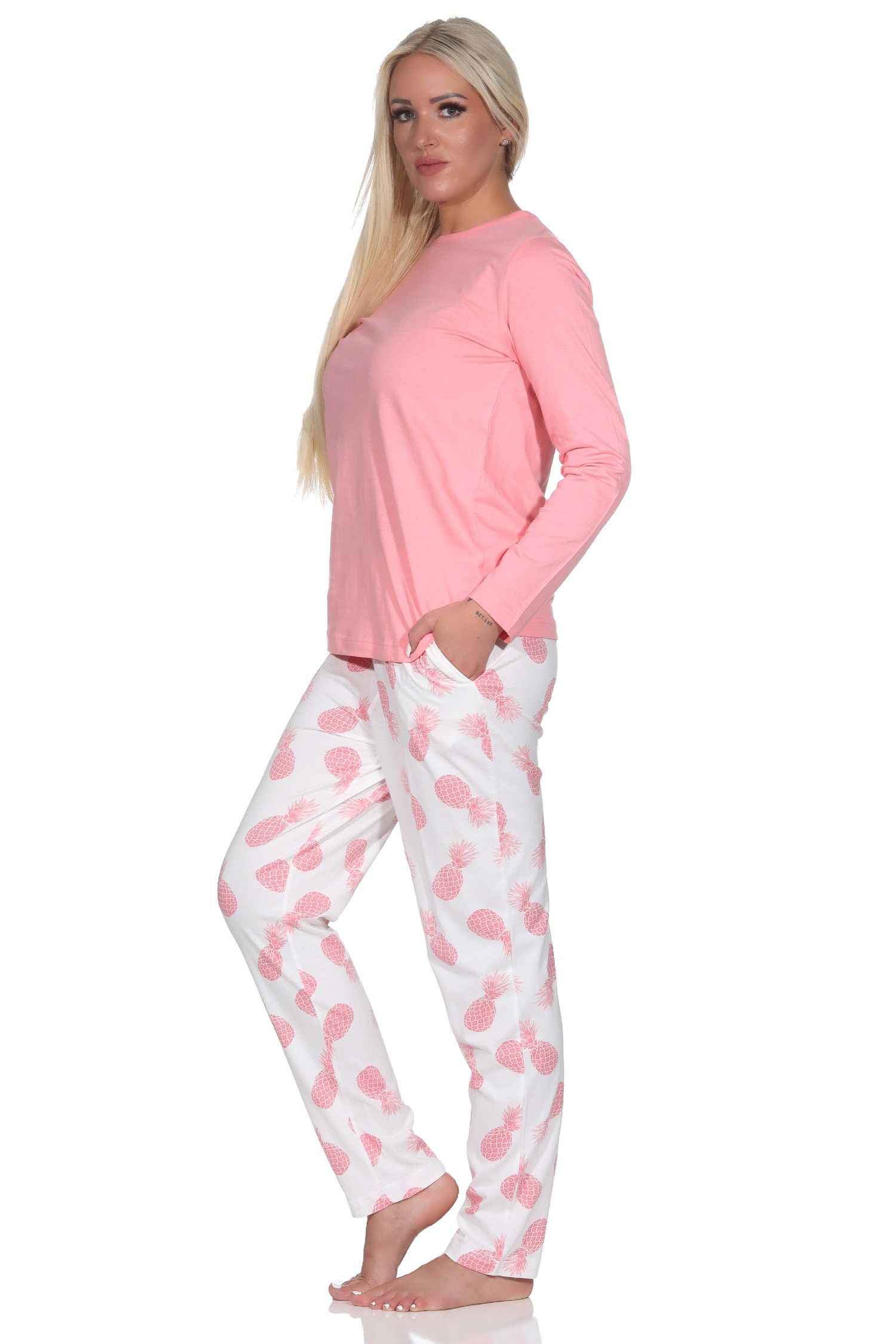 Normann Damen Langarm Pyjama Schlafanzug Homewear mit Ananas als Motiv