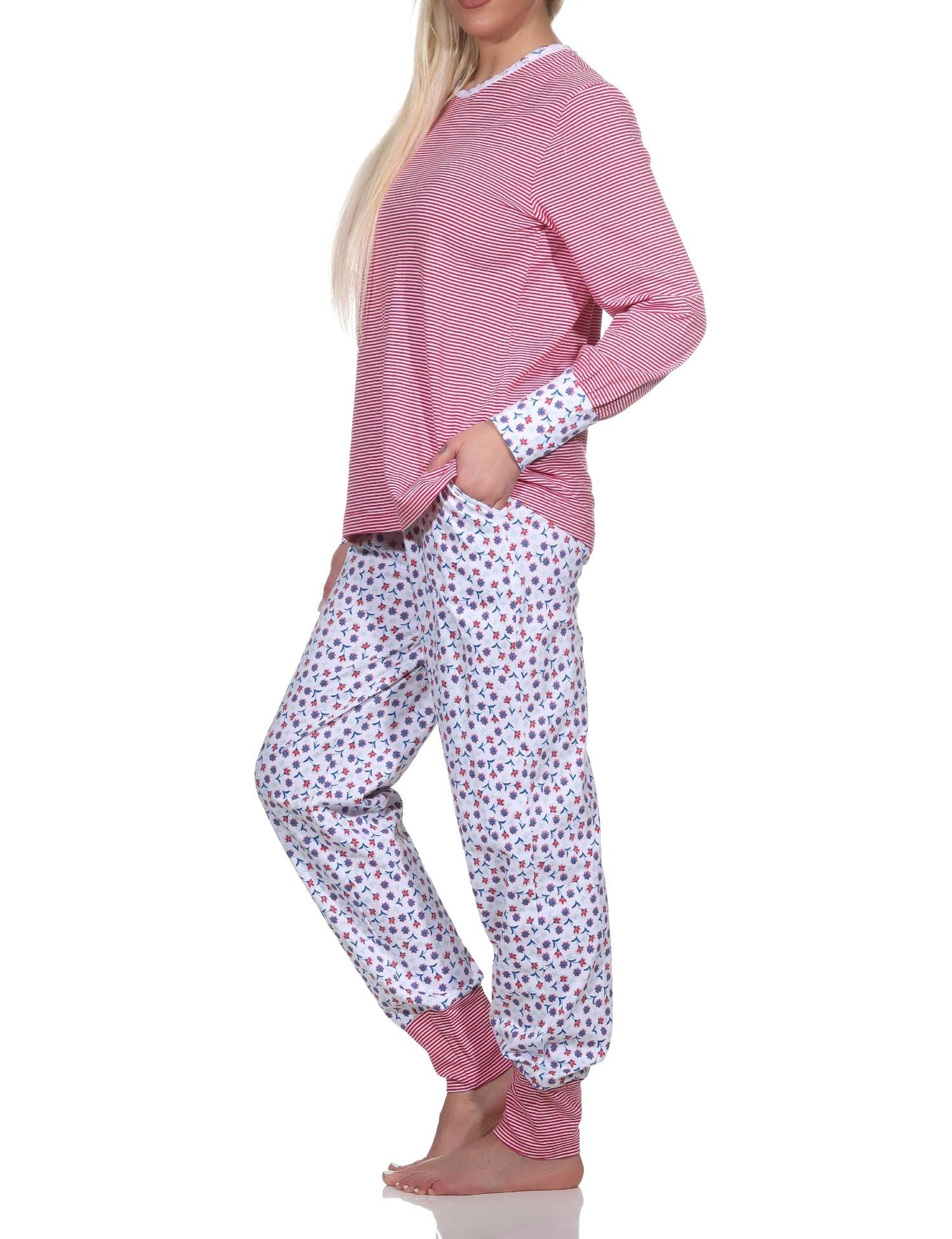 Normann Damen Schlafanzug Langarm mit Bündchen, Oberteil gestreift, Hose floral bedruckt - 123 201 90 836 Normann Damen Schlafanzug Langarm mit Bündchen, Oberteil gestreift, Hose floral bedruckt