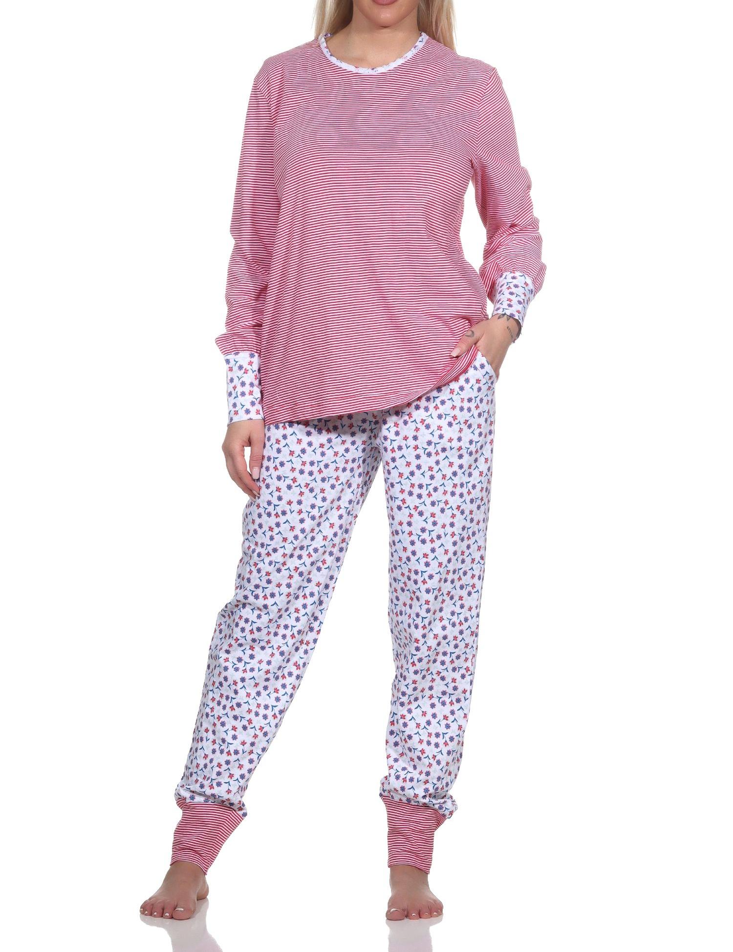 Normann Damen Schlafanzug Langarm mit Bündchen, Oberteil gestreift, Hose floral bedruckt