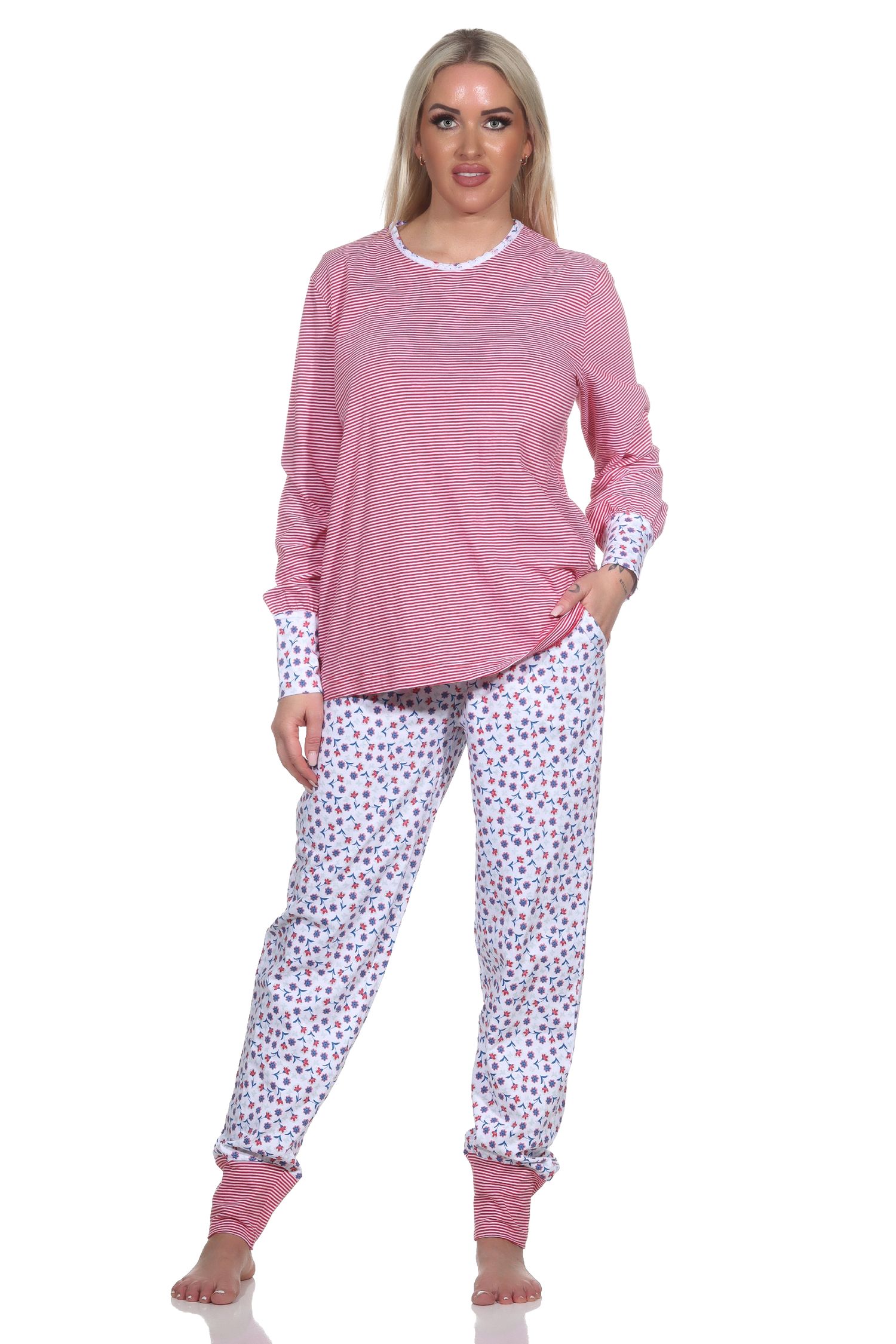Normann Damen Schlafanzug Langarm mit Bündchen, Oberteil gestreift, Hose floral bedruckt