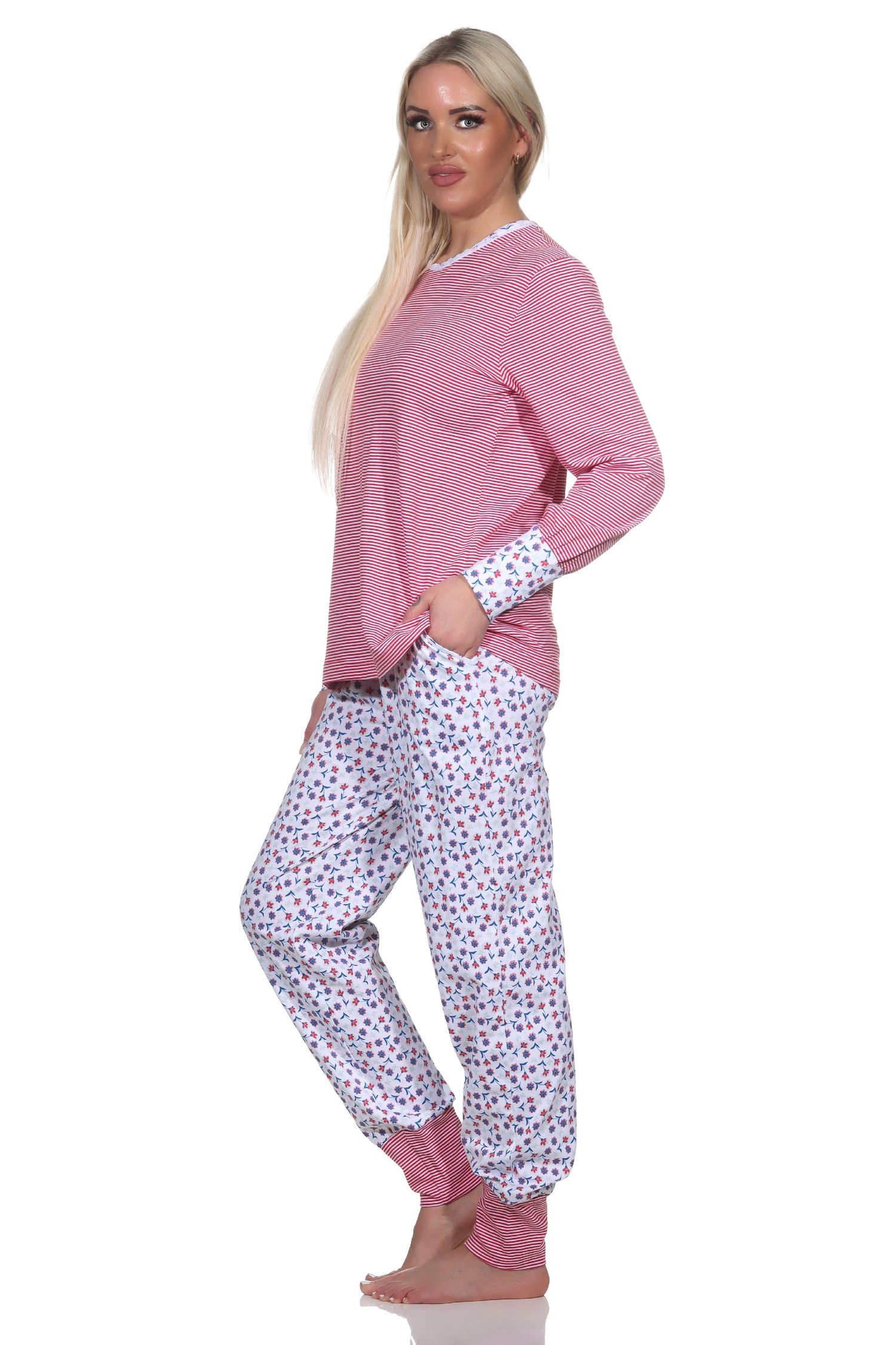 Normann Damen Schlafanzug Langarm mit Bündchen, Oberteil gestreift, Hose floral bedruckt
