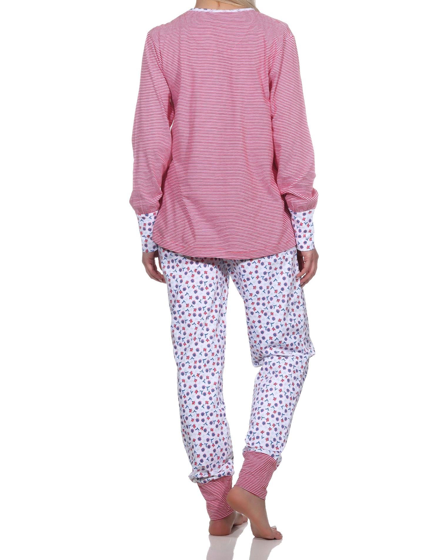 Normann Damen Schlafanzug Langarm mit Bündchen, Oberteil gestreift, Hose floral bedruckt