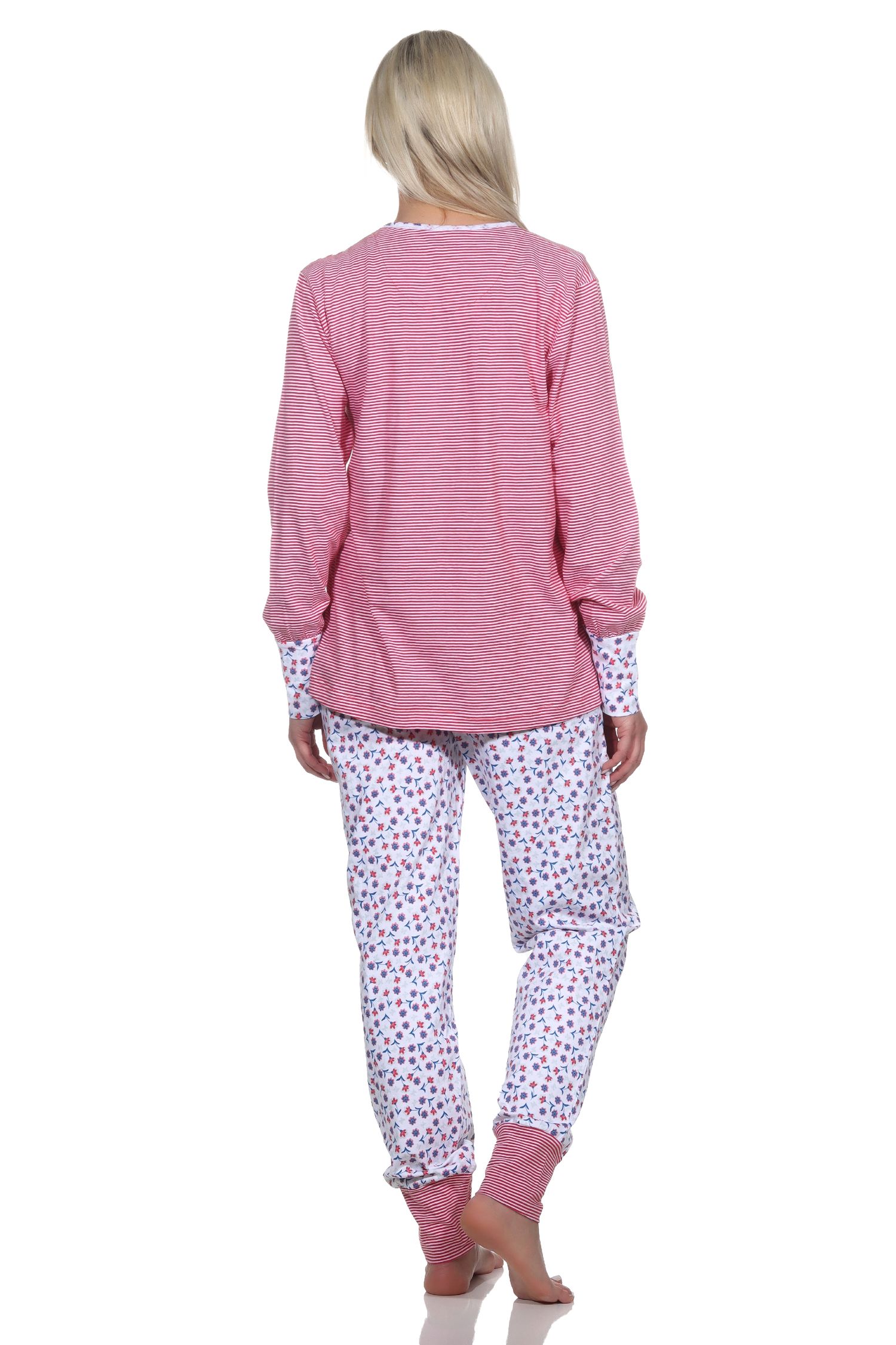 Normann Damen Schlafanzug Langarm mit Bündchen, Oberteil gestreift, Hose floral bedruckt