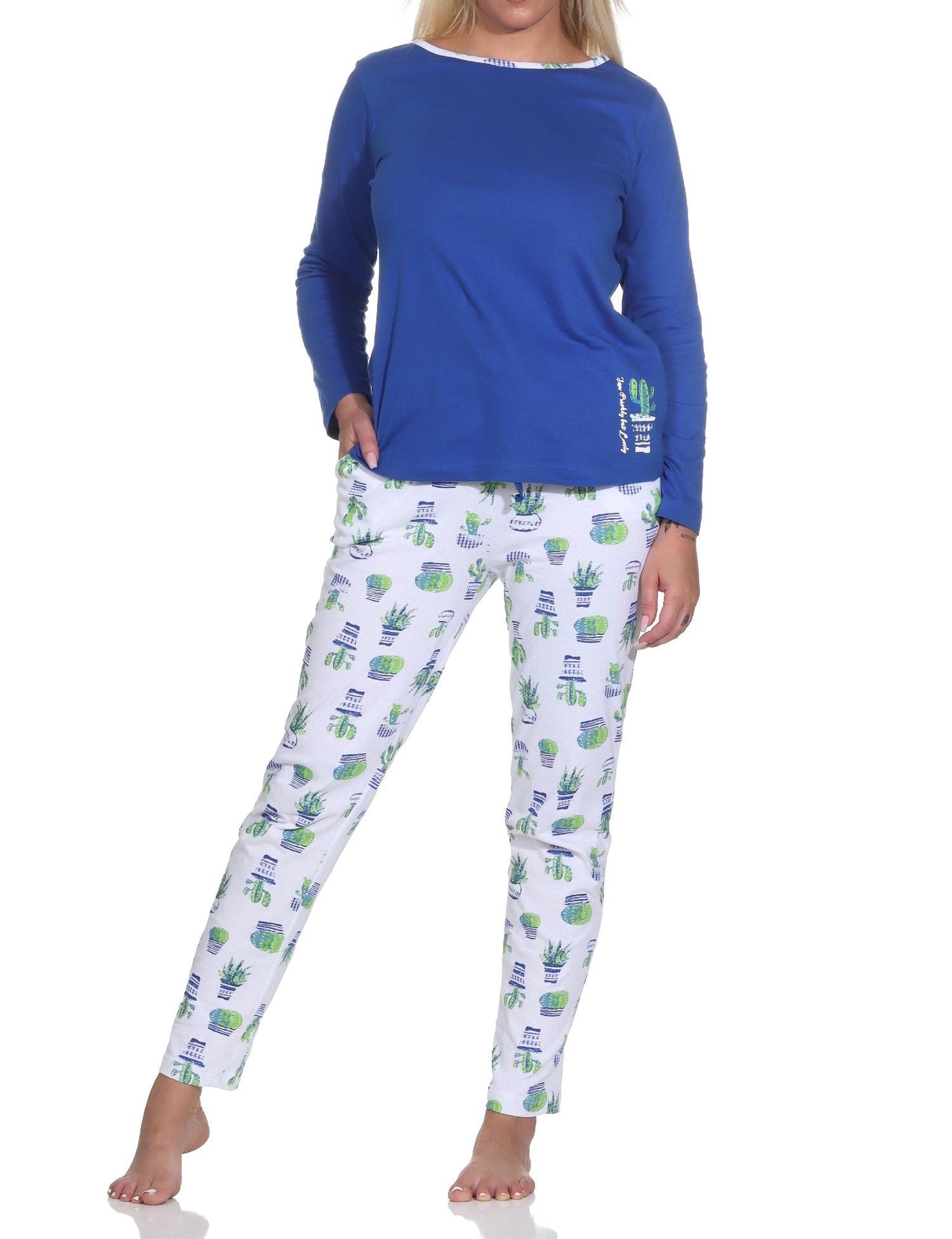 Normann Damen Schlafanzug Lang, Oberteil uni mit Kaktus als Motiv, Hose allover bedruckt