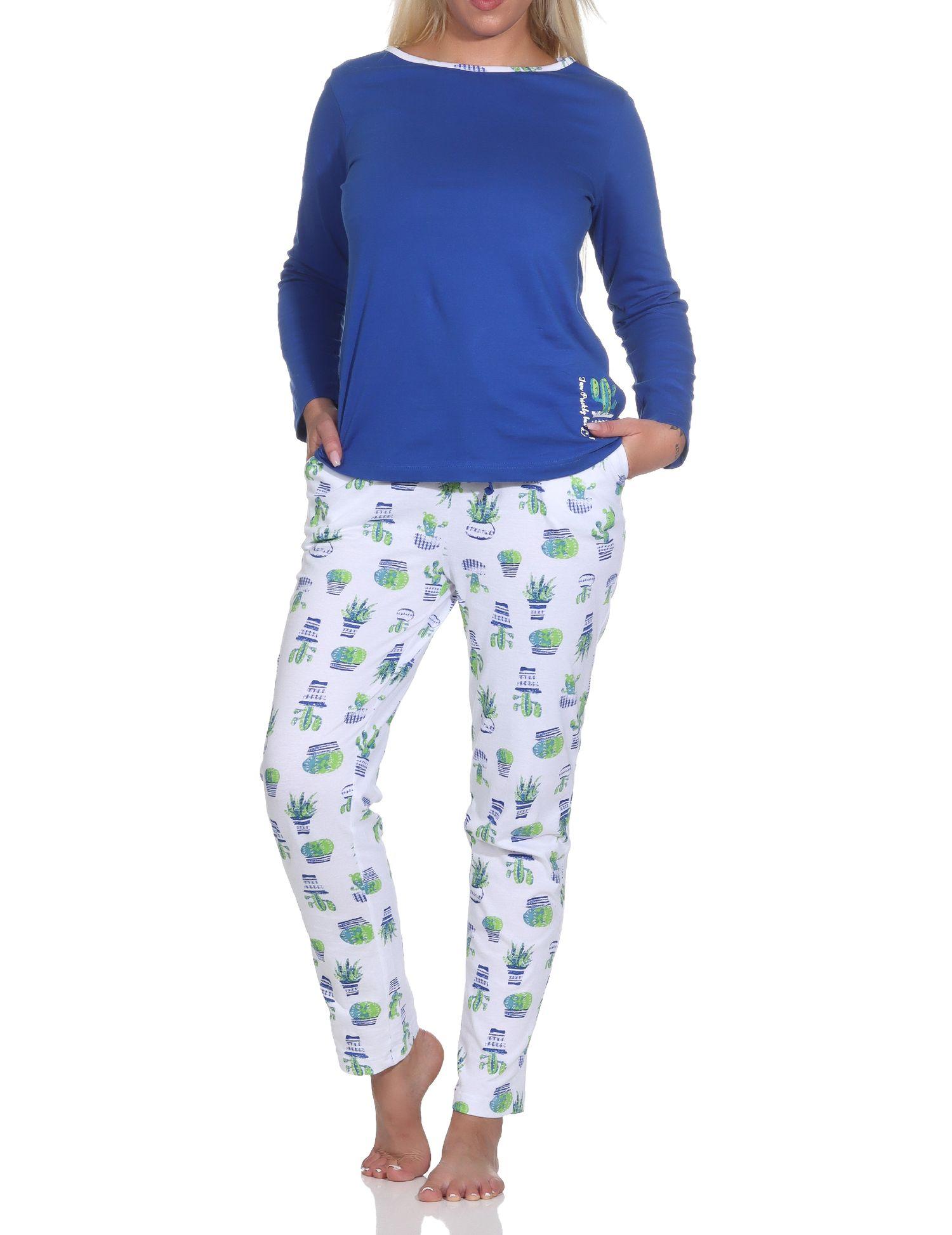 Normann Damen Schlafanzug Lang, Oberteil uni mit Kaktus als Motiv, Hose allover bedruckt