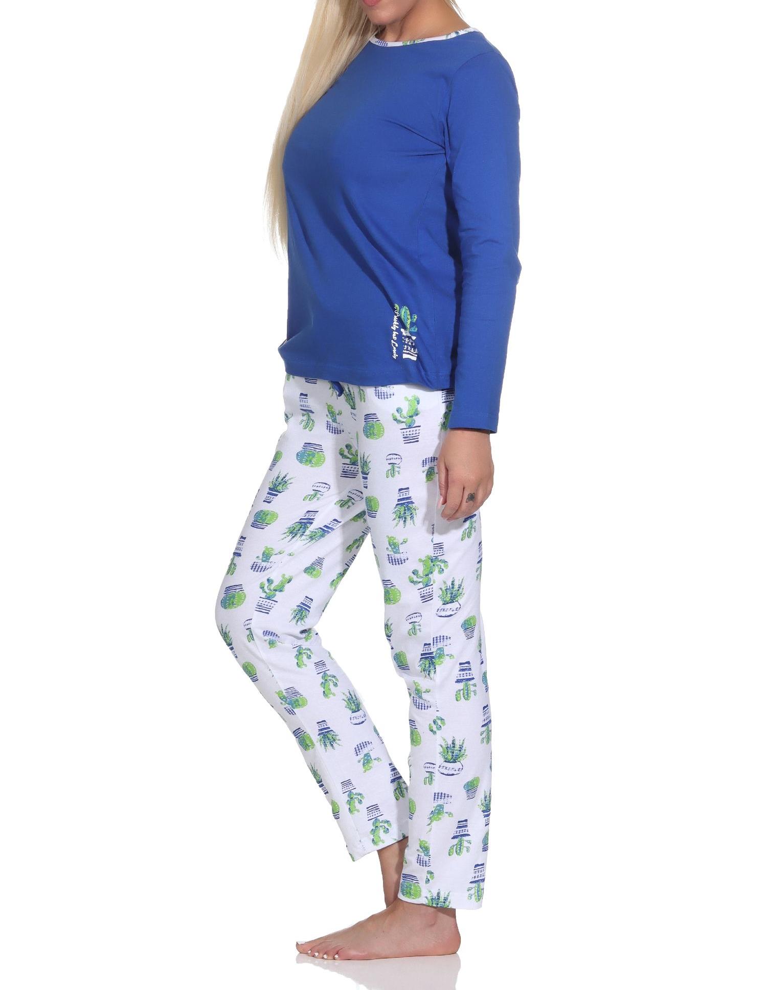 Normann Damen Schlafanzug Lang, Oberteil uni mit Kaktus als Motiv, Hose allover bedruckt