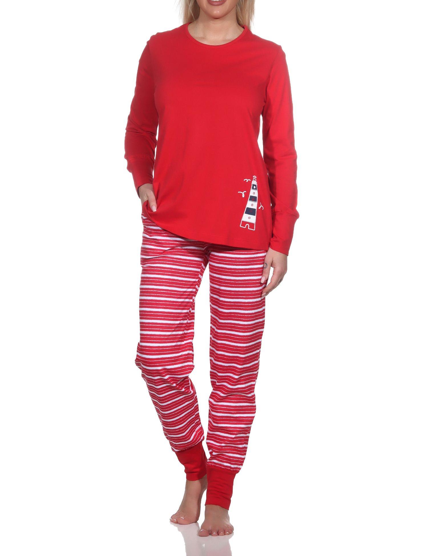 Maritimer Damen Schlafanzug mit Bündchen und Leuchtturm als Motiv - auch in Übergrössen