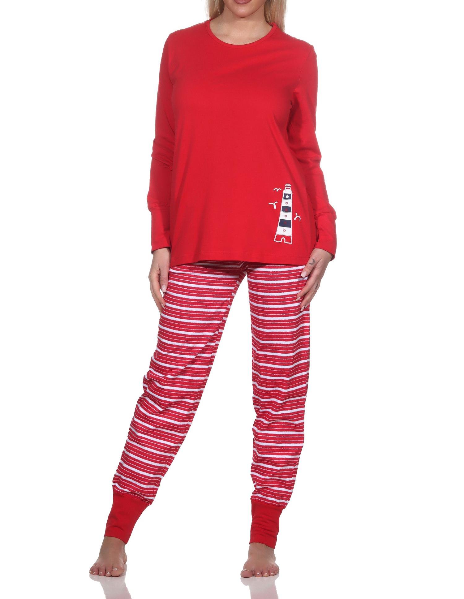 Maritimer Damen Schlafanzug mit Bündchen und Leuchtturm als Motiv - auch in Übergrössen