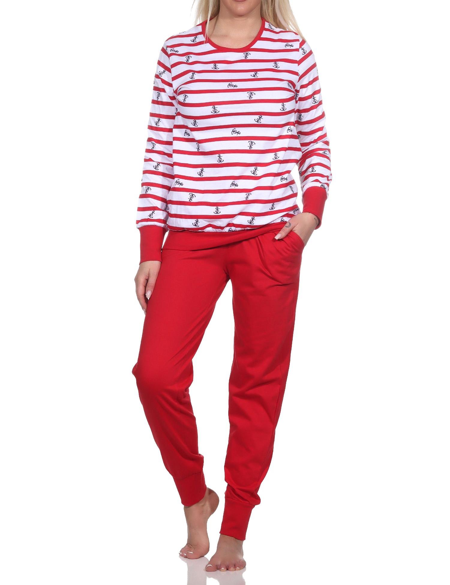 Normann Damen Schlafanzug langarm mit Bündchen in maritimer Optik - auch in Übergrössen