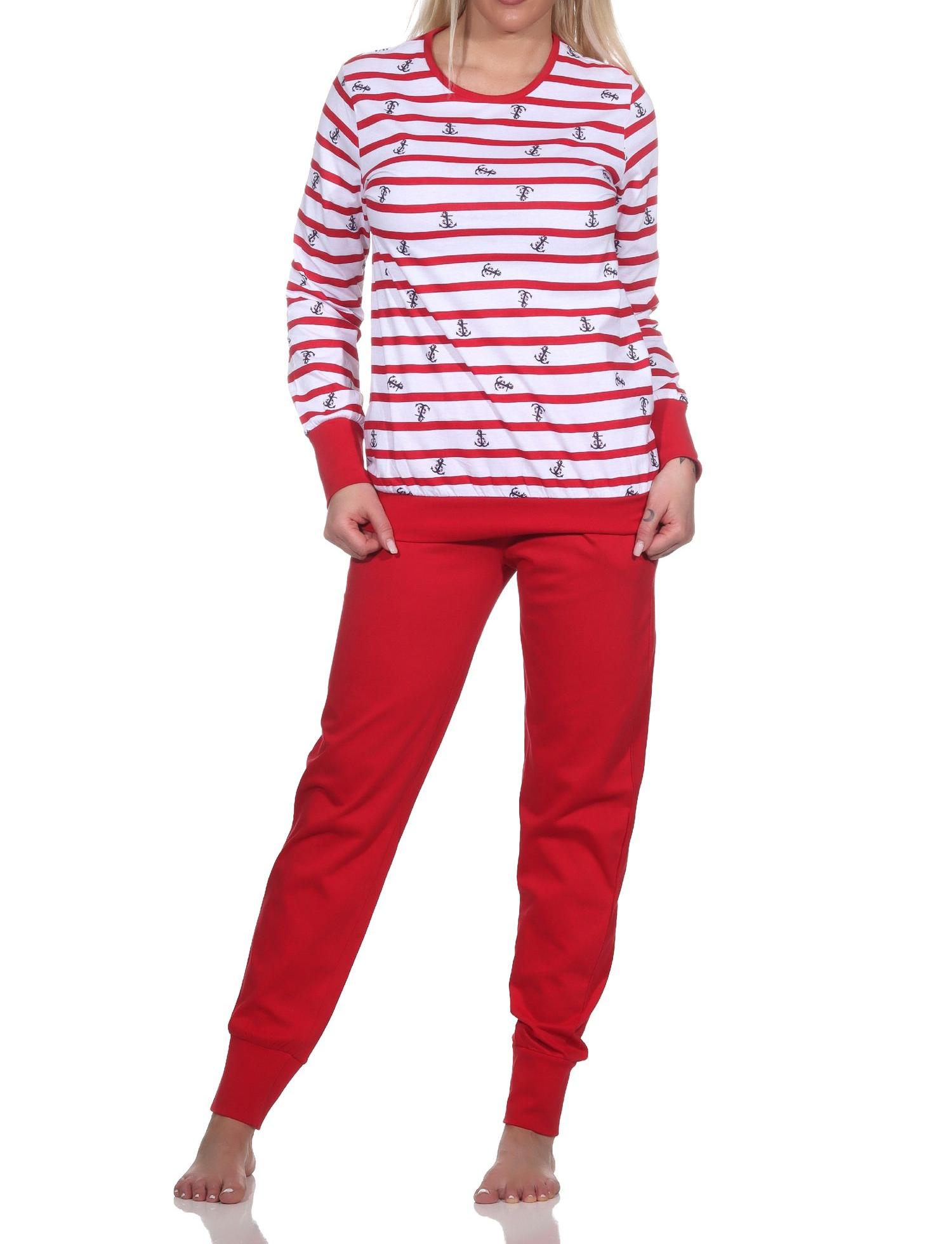 Normann Damen Schlafanzug langarm mit Bündchen in maritimer Optik - auch in Übergrössen